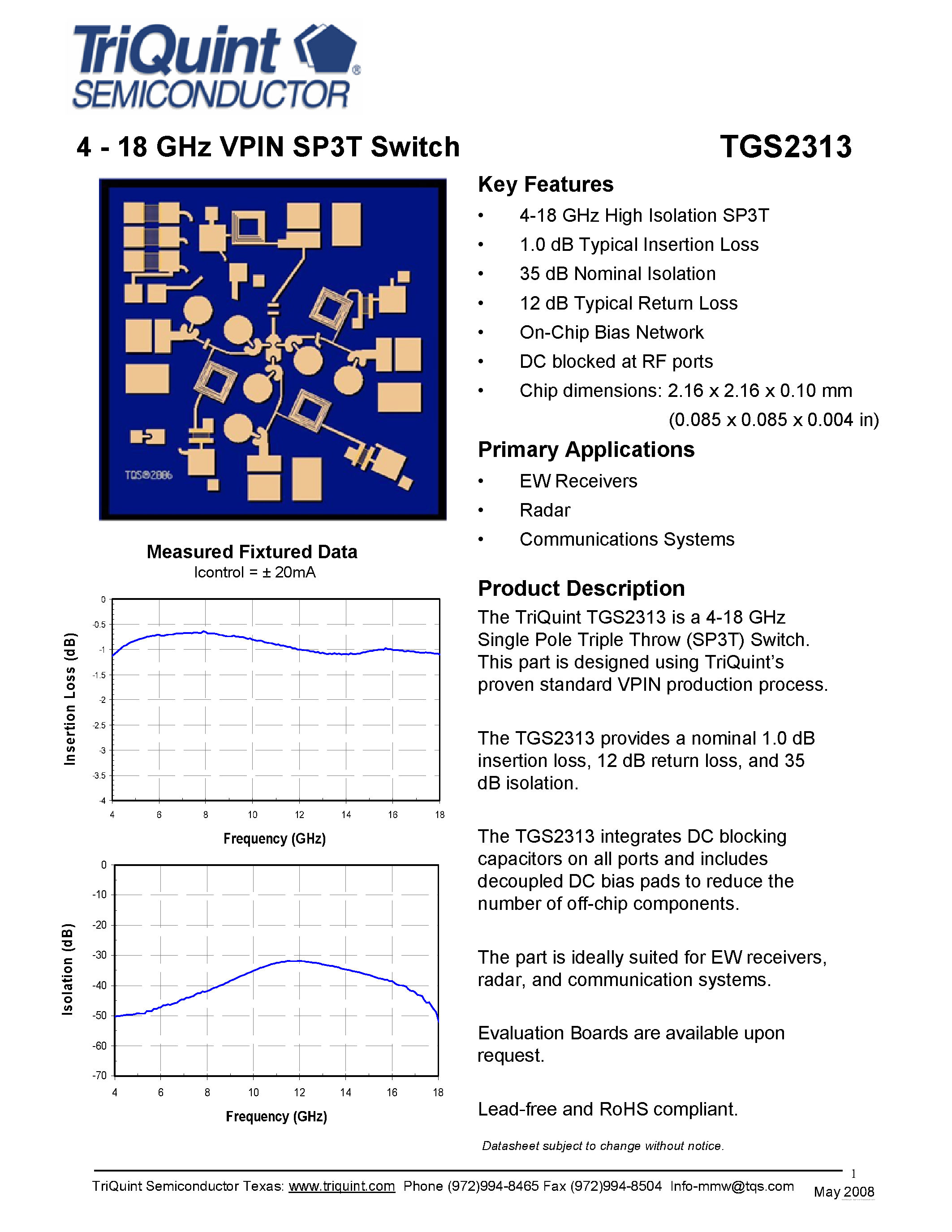 Datasheet TGS2313 - 4 - 18 GHz VPIN SP3T Switch page 1