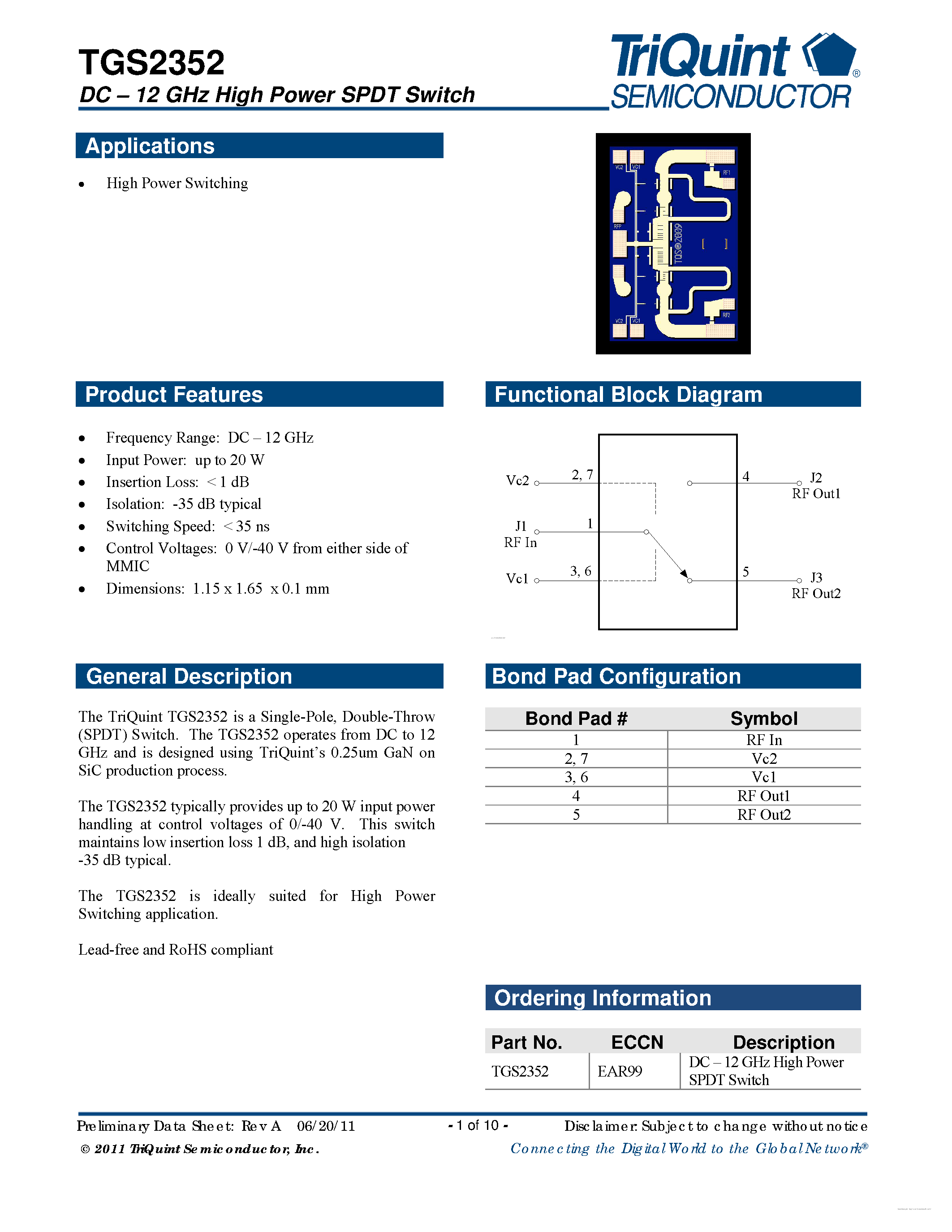 Datasheet TGS2352 page 1 Datasheet TGS2352 - DC - 12 GHz High Power GaN SPDT Switch page 1