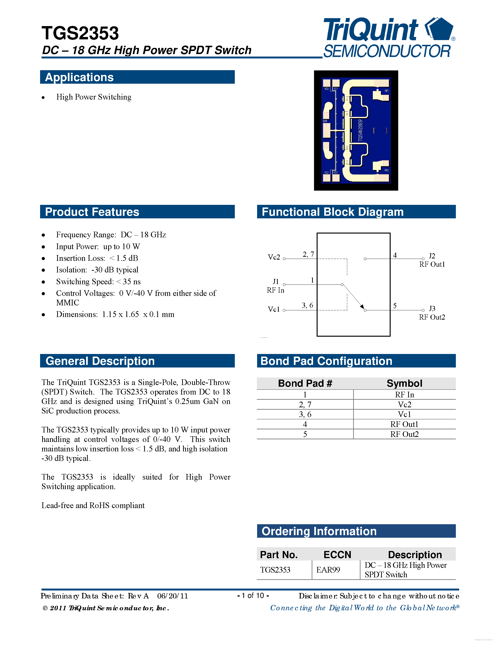 Datasheet TGS2353 page 1 Datasheet TGS2353 - DC - 18 GHz High Power GaN SPDT Switch page 1