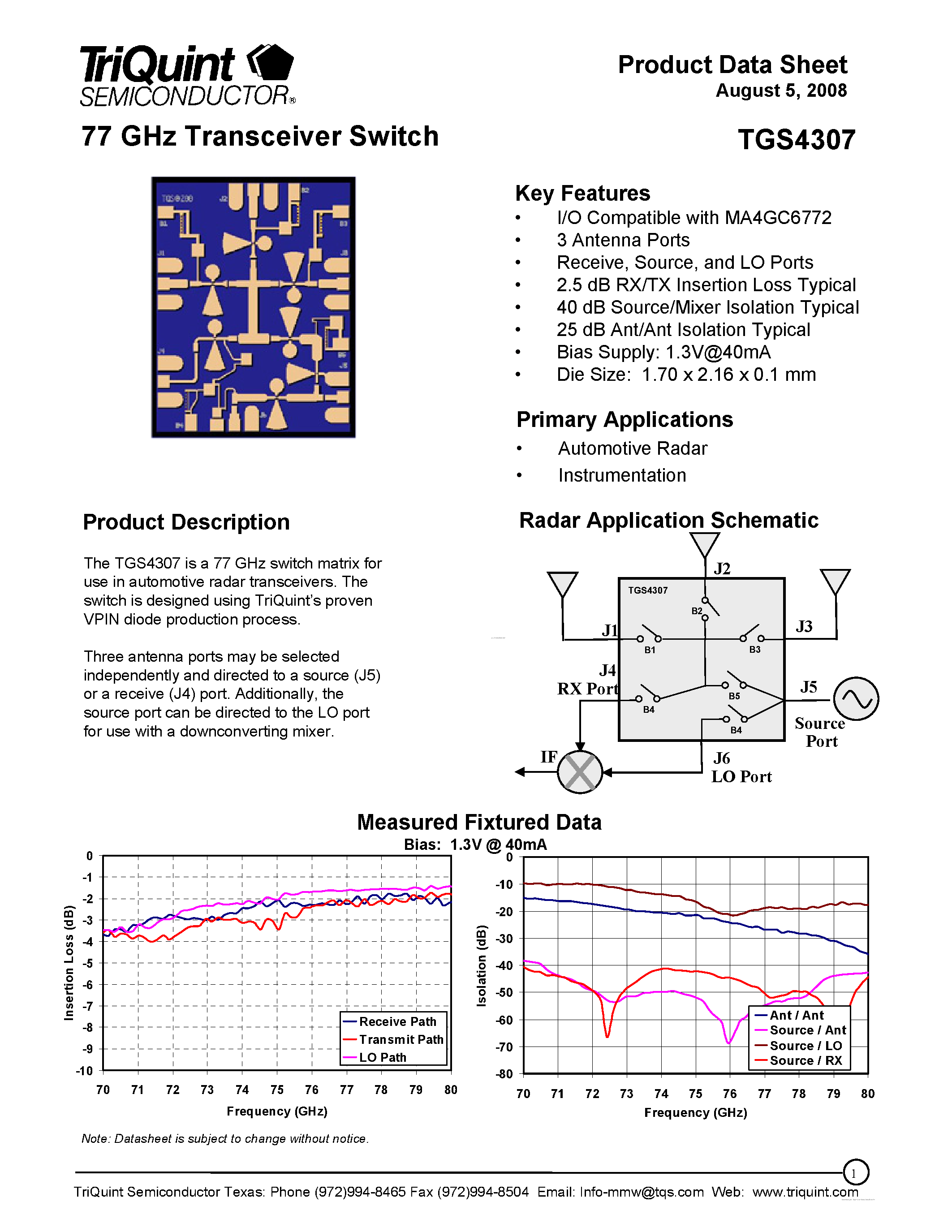 Datasheet TGS4307 - 77 GHz Transceiver Switch page 1
