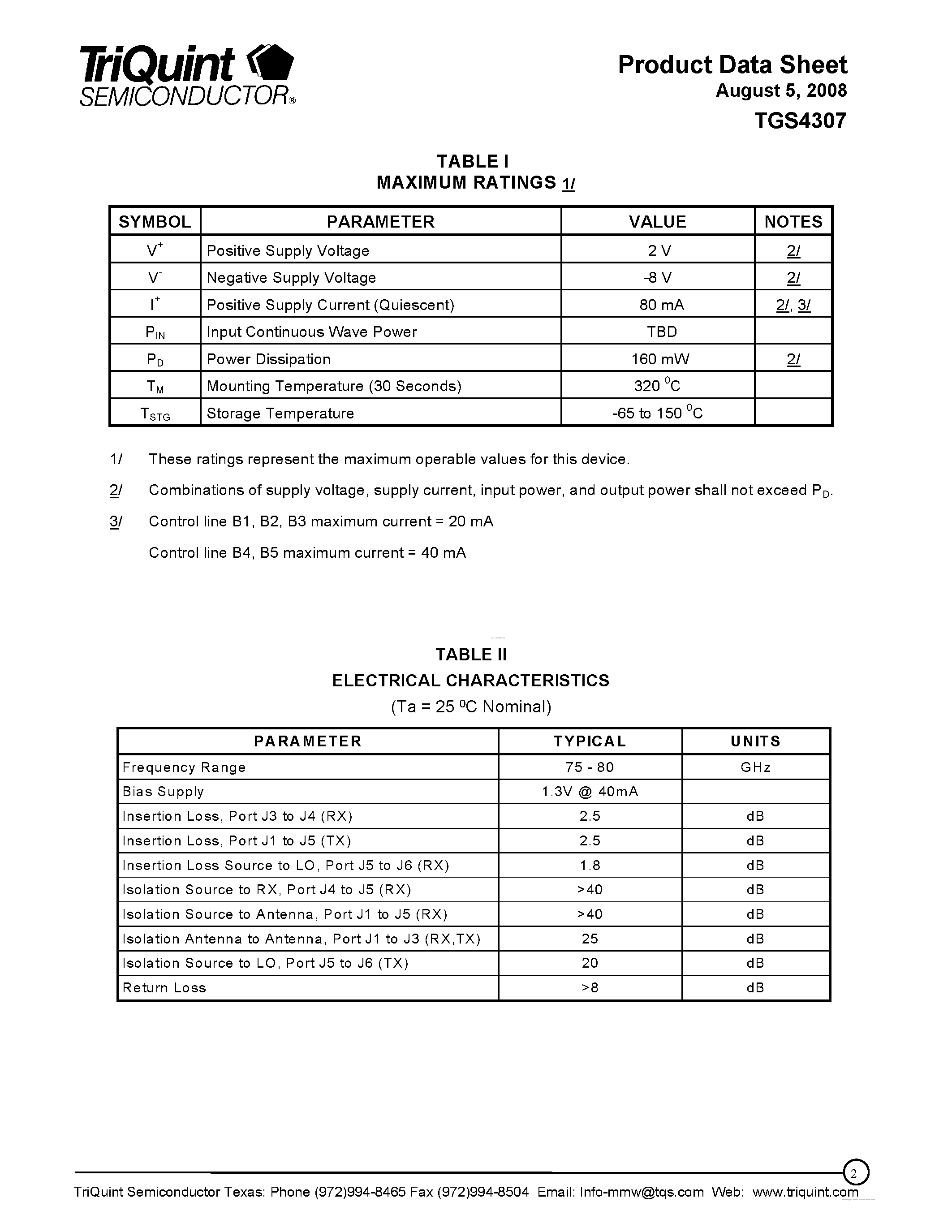 Datasheet TGS4307 - 77 GHz Transceiver Switch page 2