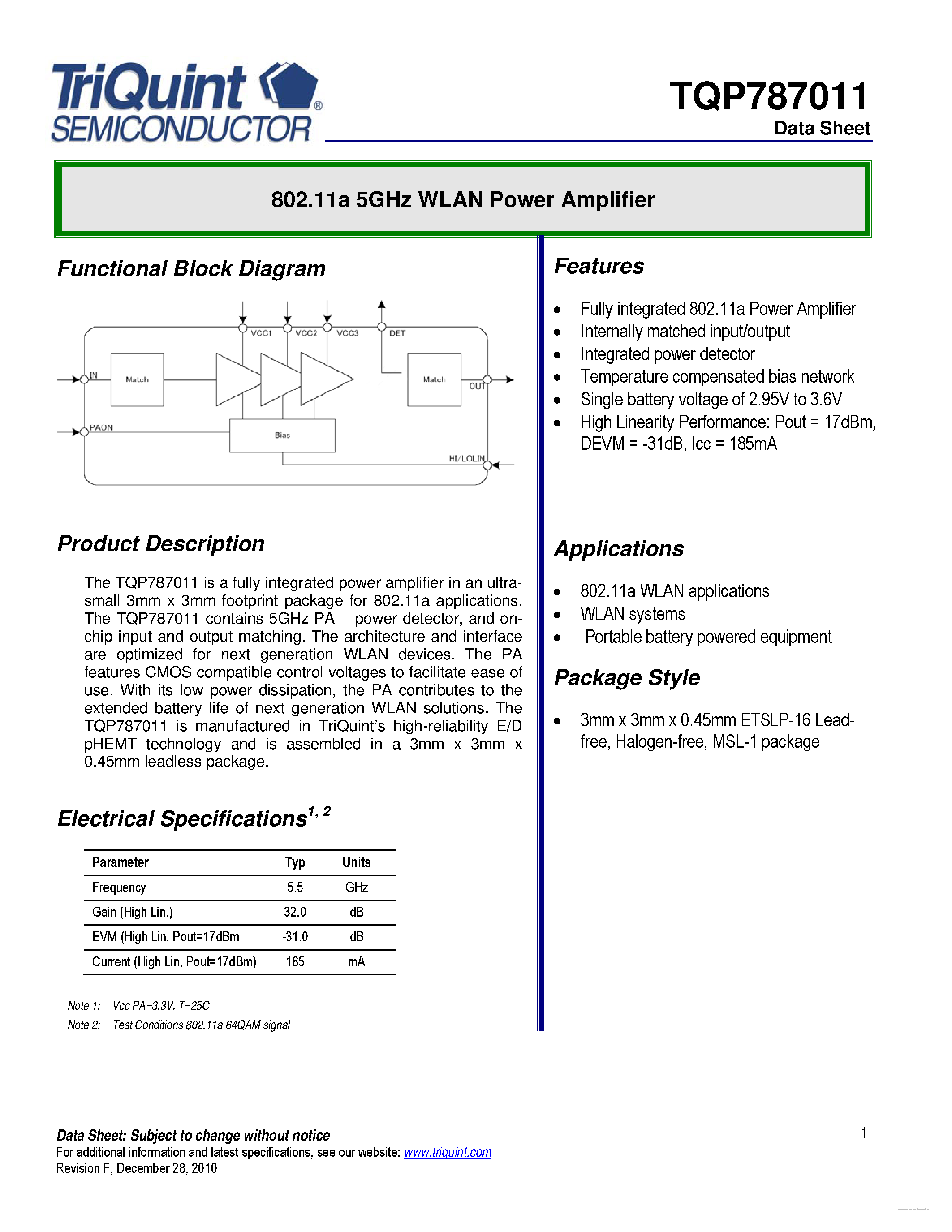 Datasheet TQP787011 - 5 GHz WLAN Power Amplifier MMIC page 1