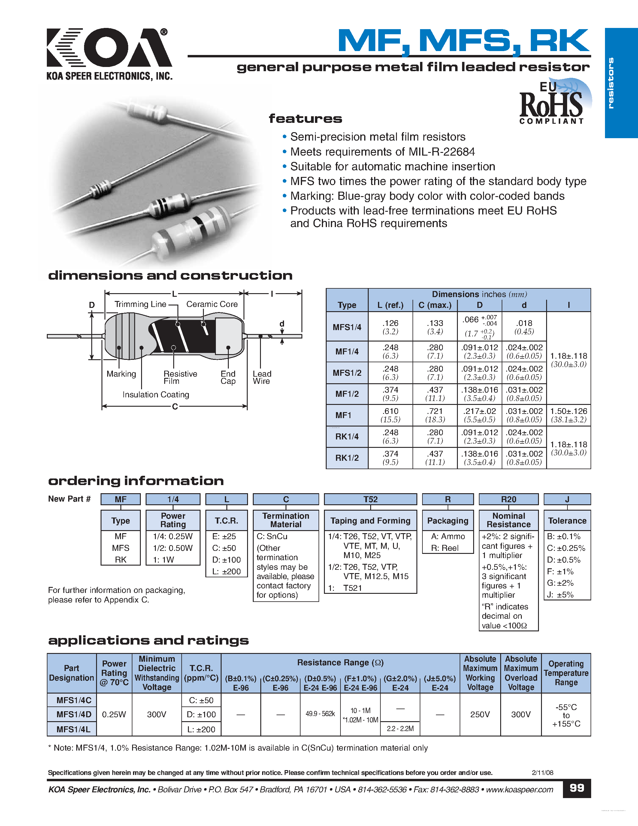 Datasheet MF1 - general purpose metal film leaded resistor page 2