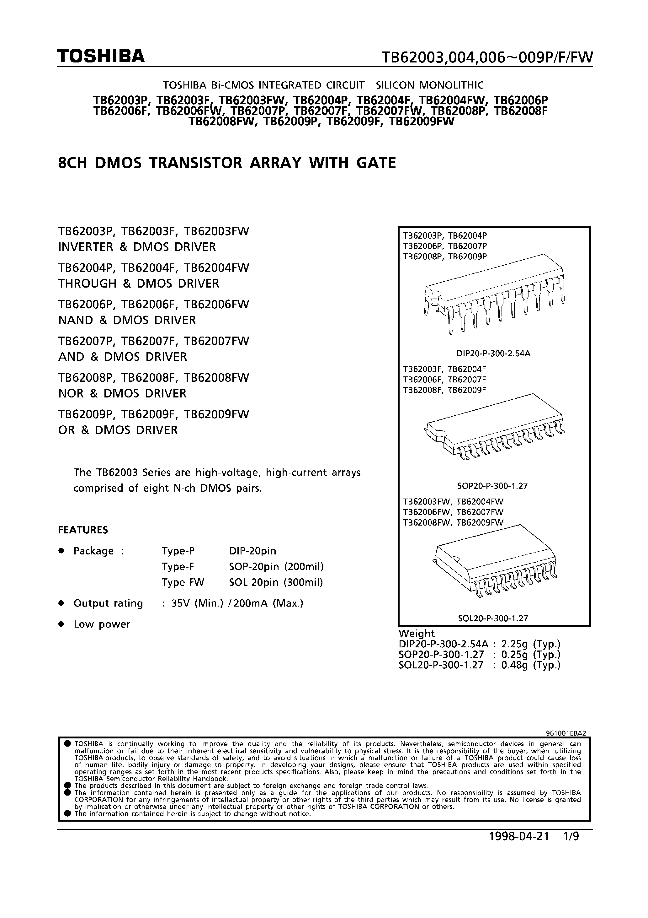 Даташит TB62003F - 8 CH DMOS TRANSISTOR ARRAY WITH GATE страница 1