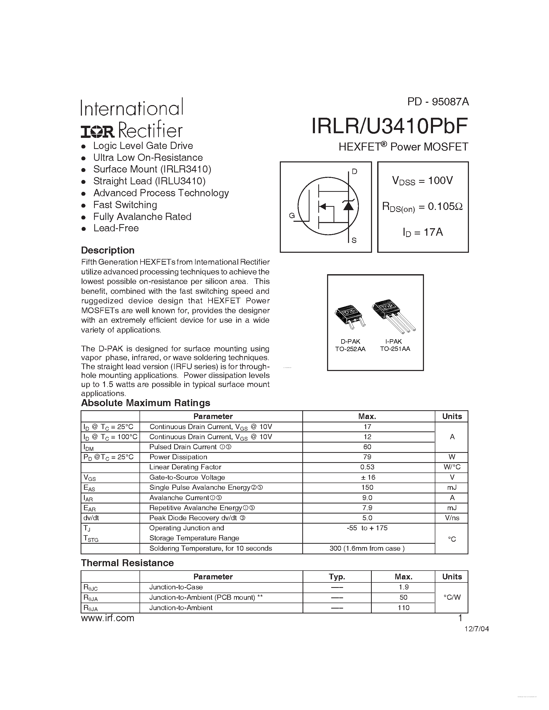 Datasheet IRLR3410PBF - page 1