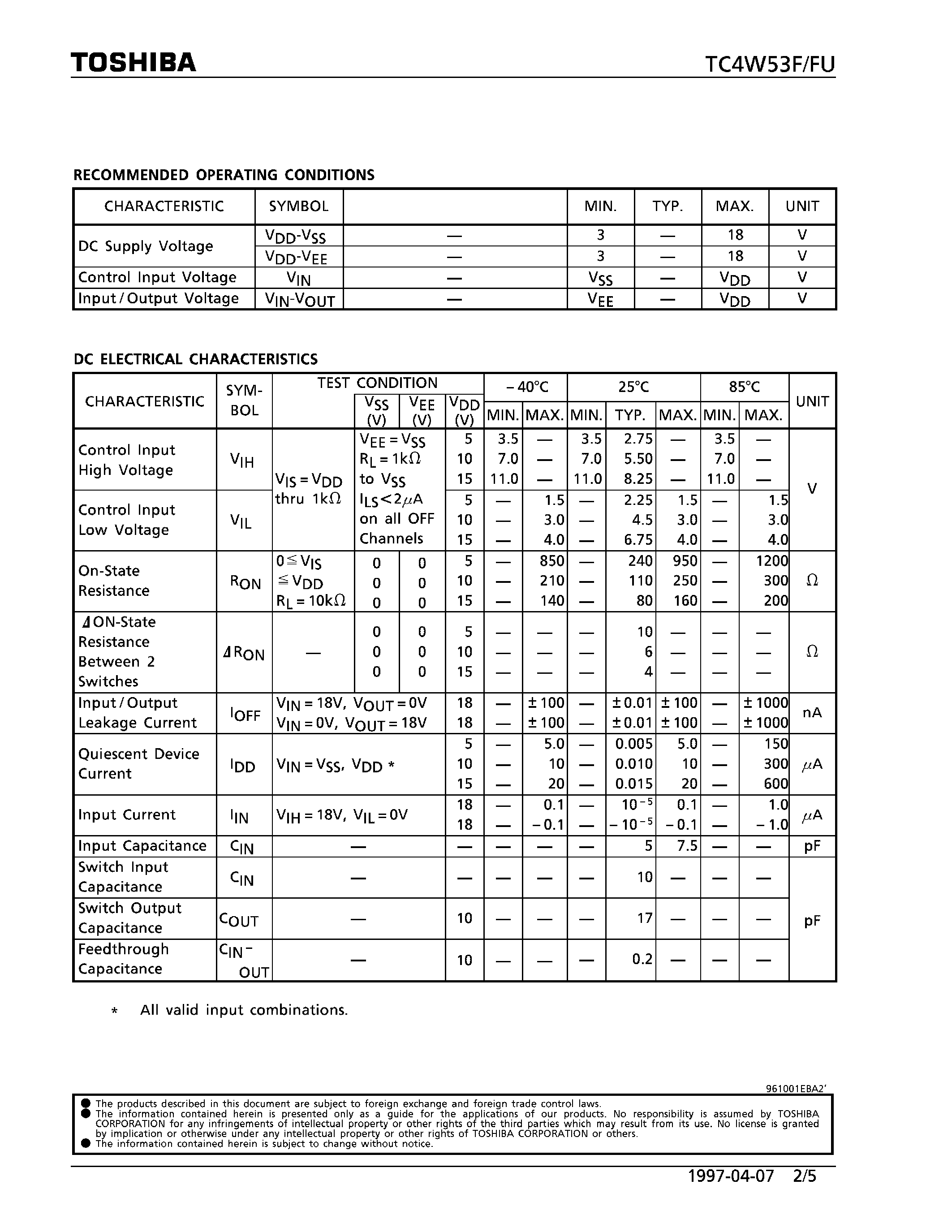 Даташит на микросхему TC4W53F страница 2 Даташит TC4W53F - 2-CHANNEL MULTIPLEXER/DEMALTIPLEXER страница 2