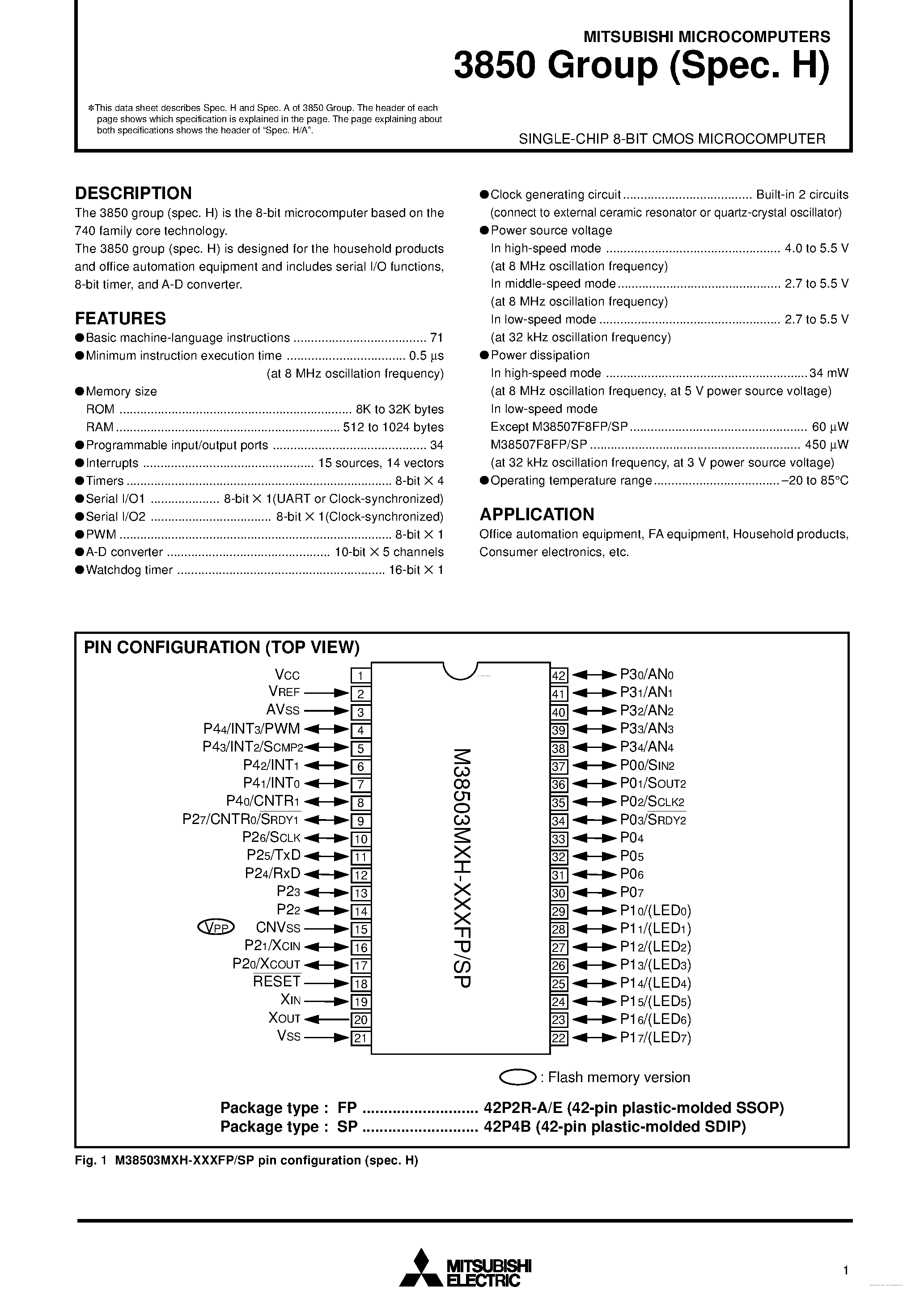 Datasheet M38503M2H-XXXFP - SINGLE-CHIP 8-BIT CMOS MICROCOMPUTER page 1