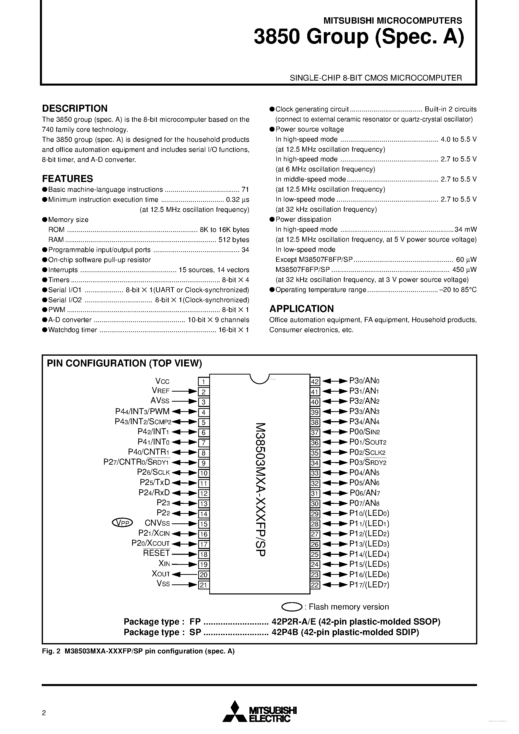 Datasheet M38503M2H-XXXFP - SINGLE-CHIP 8-BIT CMOS MICROCOMPUTER page 2