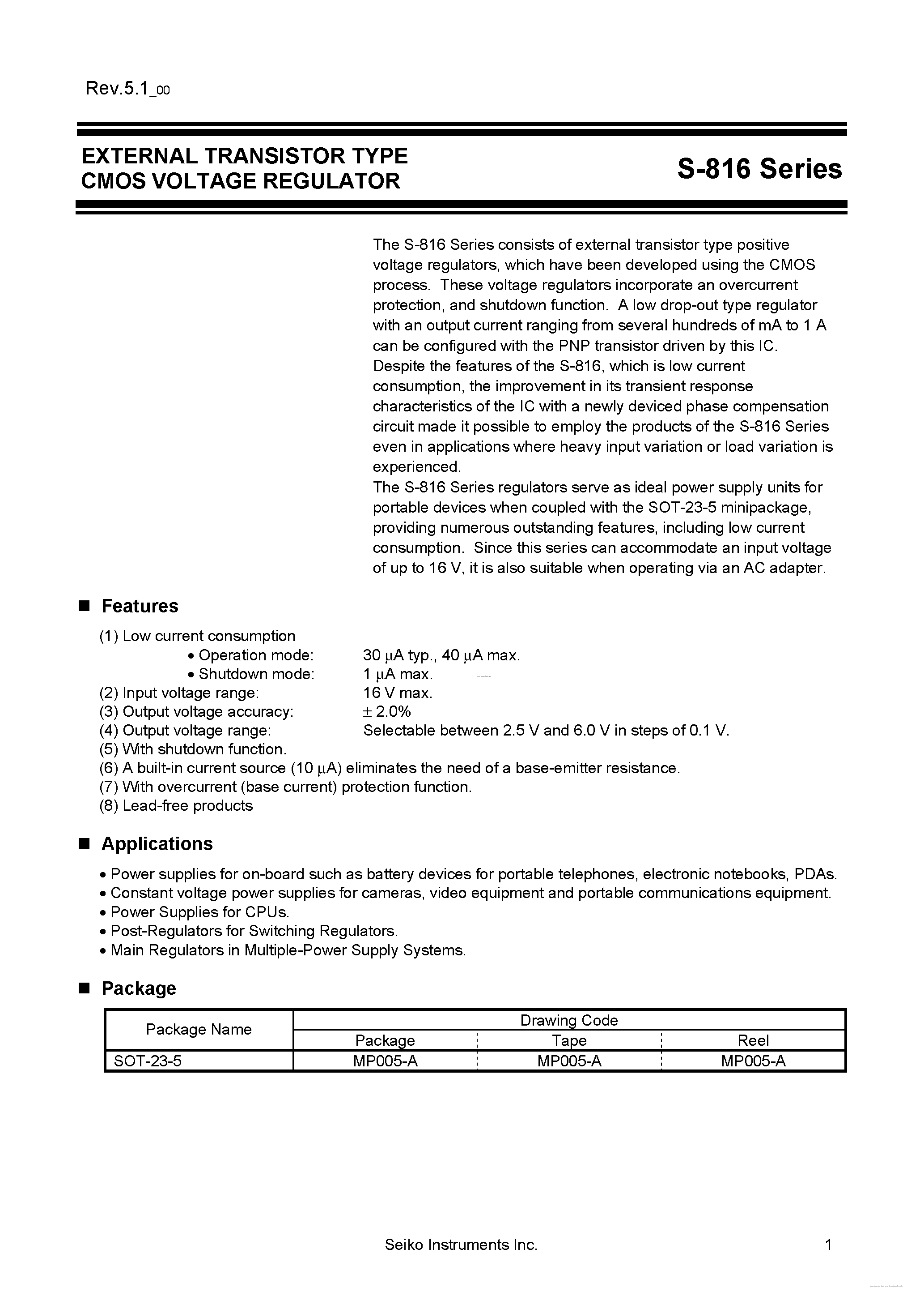 Datasheet S-816 - EXTERNAL TRANSISTOR TYPE CMOS VOLTAGE REGULATOR page 1