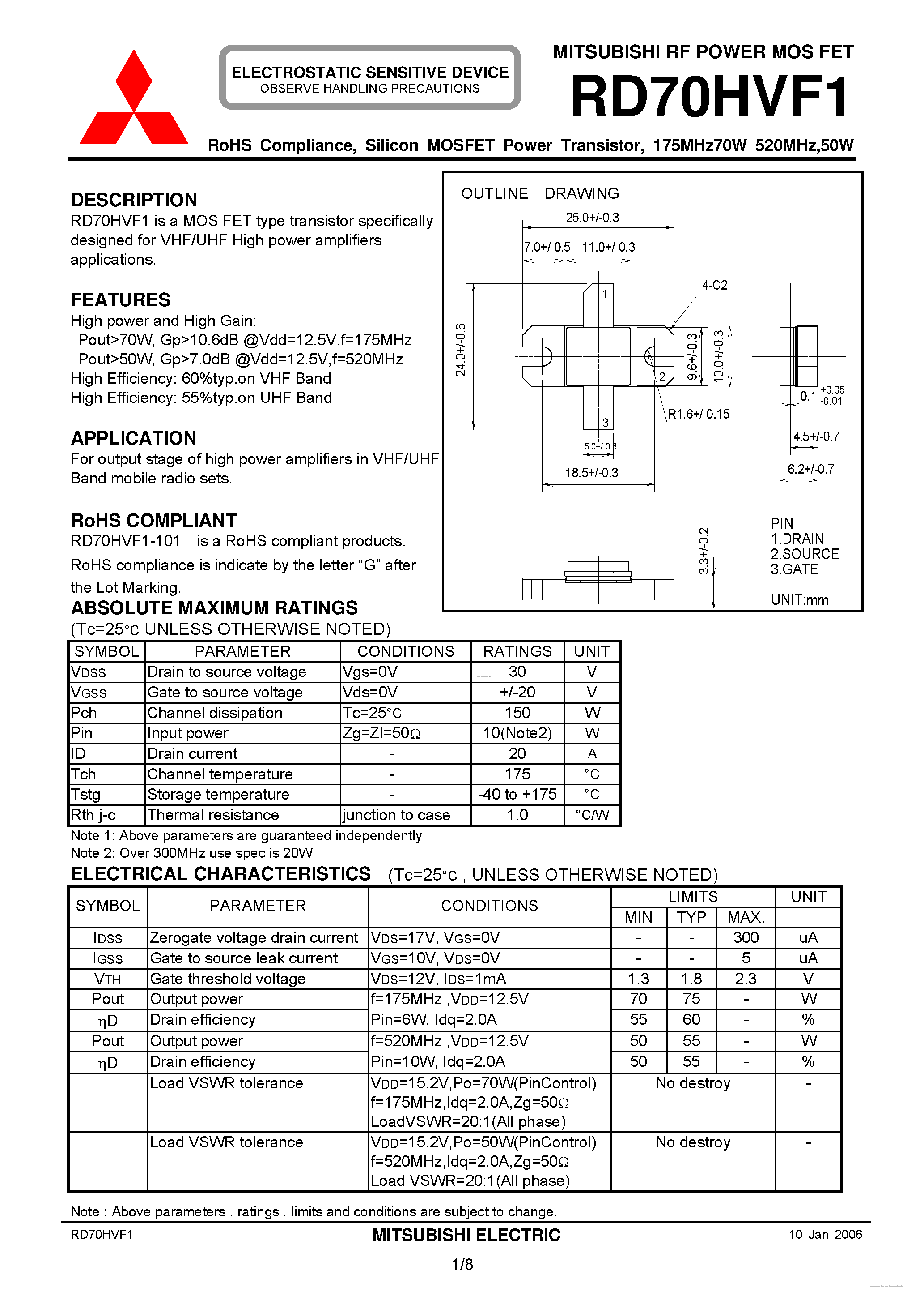 Даташит RD70HVF1 - Silicon MOSFET Power Transistor страница 1