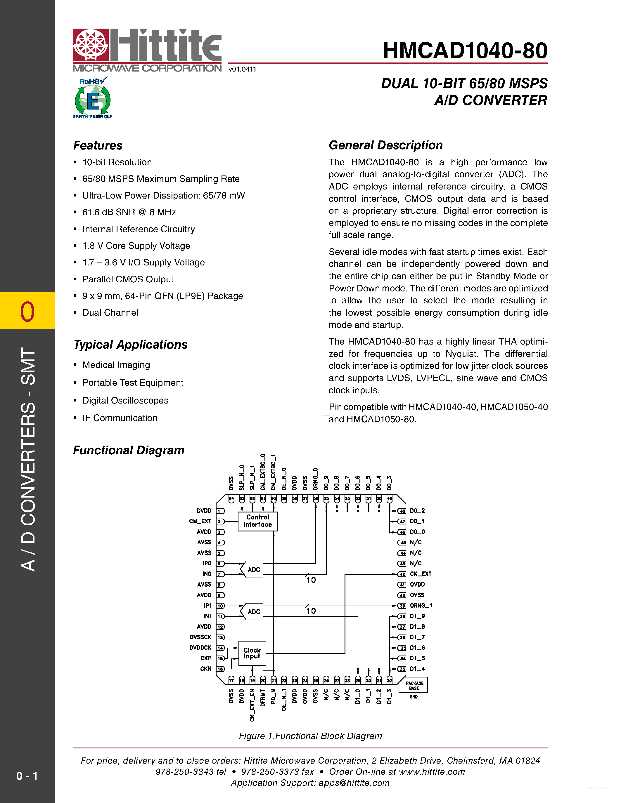 Даташит HMCAD1040-80 - Dual 10-Bit 65/80 MSPS A/D Converter страница 1