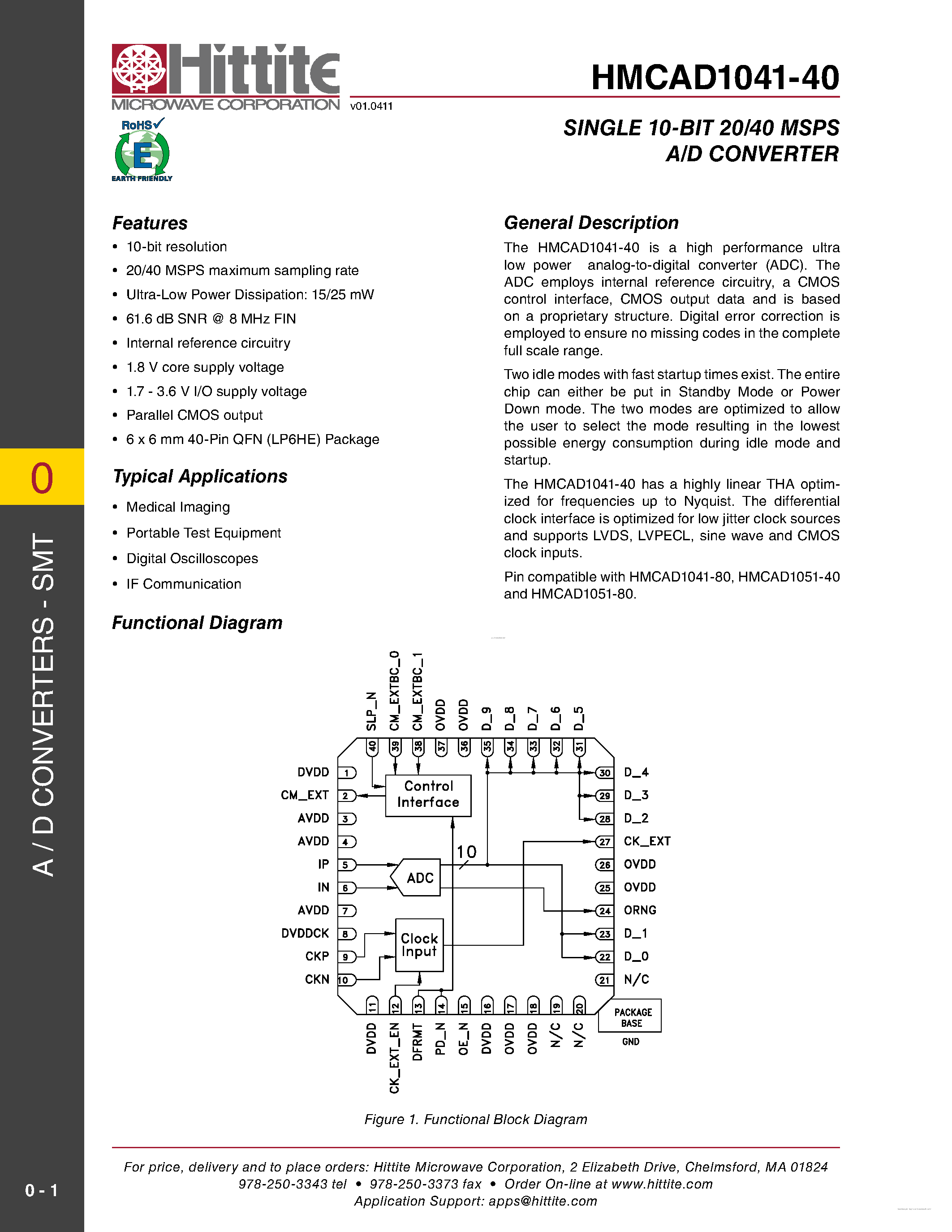 Даташит HMCAD1041-40 - Single 10-Bit 20/40 MSPS A/D Converter страница 1
