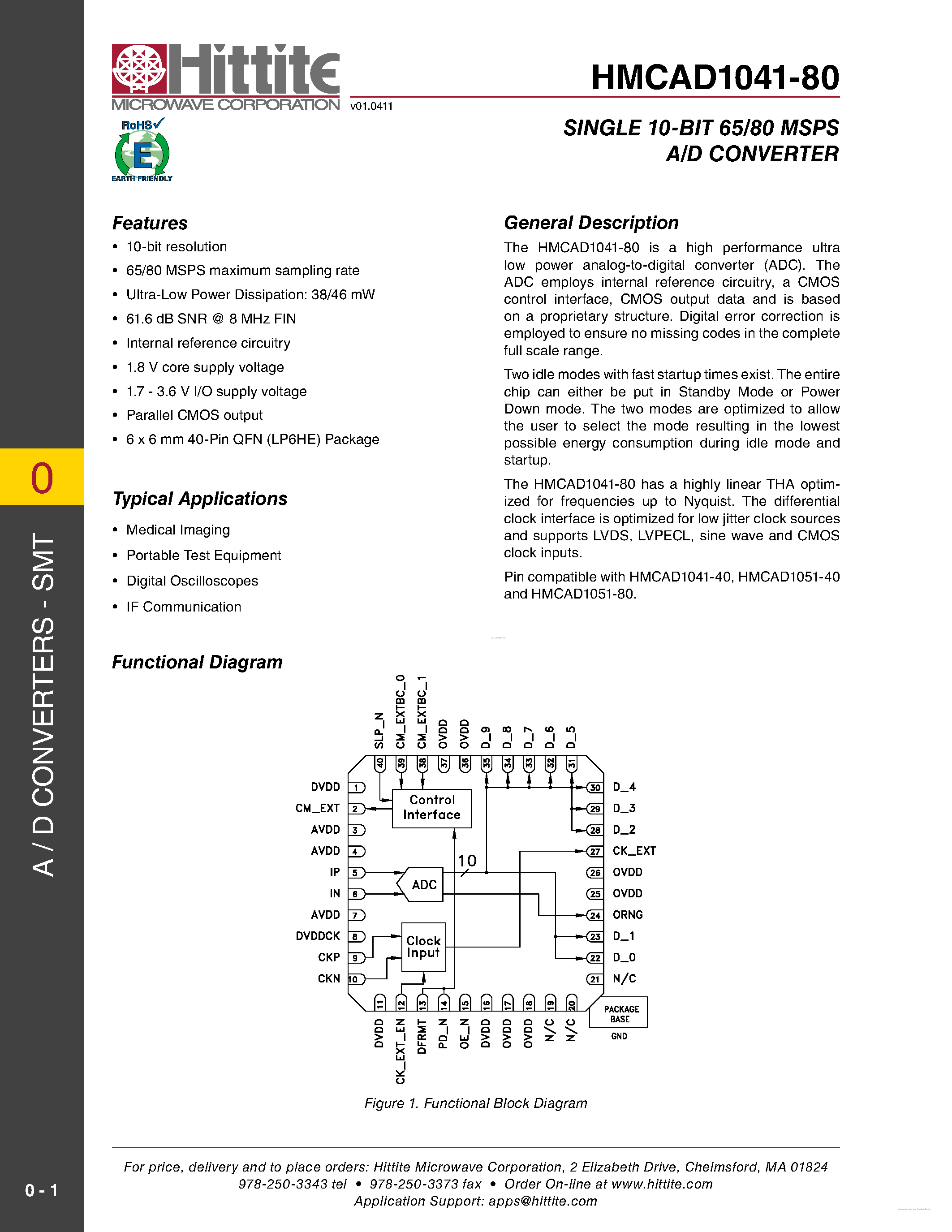 Даташит на микросхему HMCAD1041-80 страница 1 Даташит HMCAD1041-80 - Single 10-Bit 65/80 MSPS A/D Converter страница 1