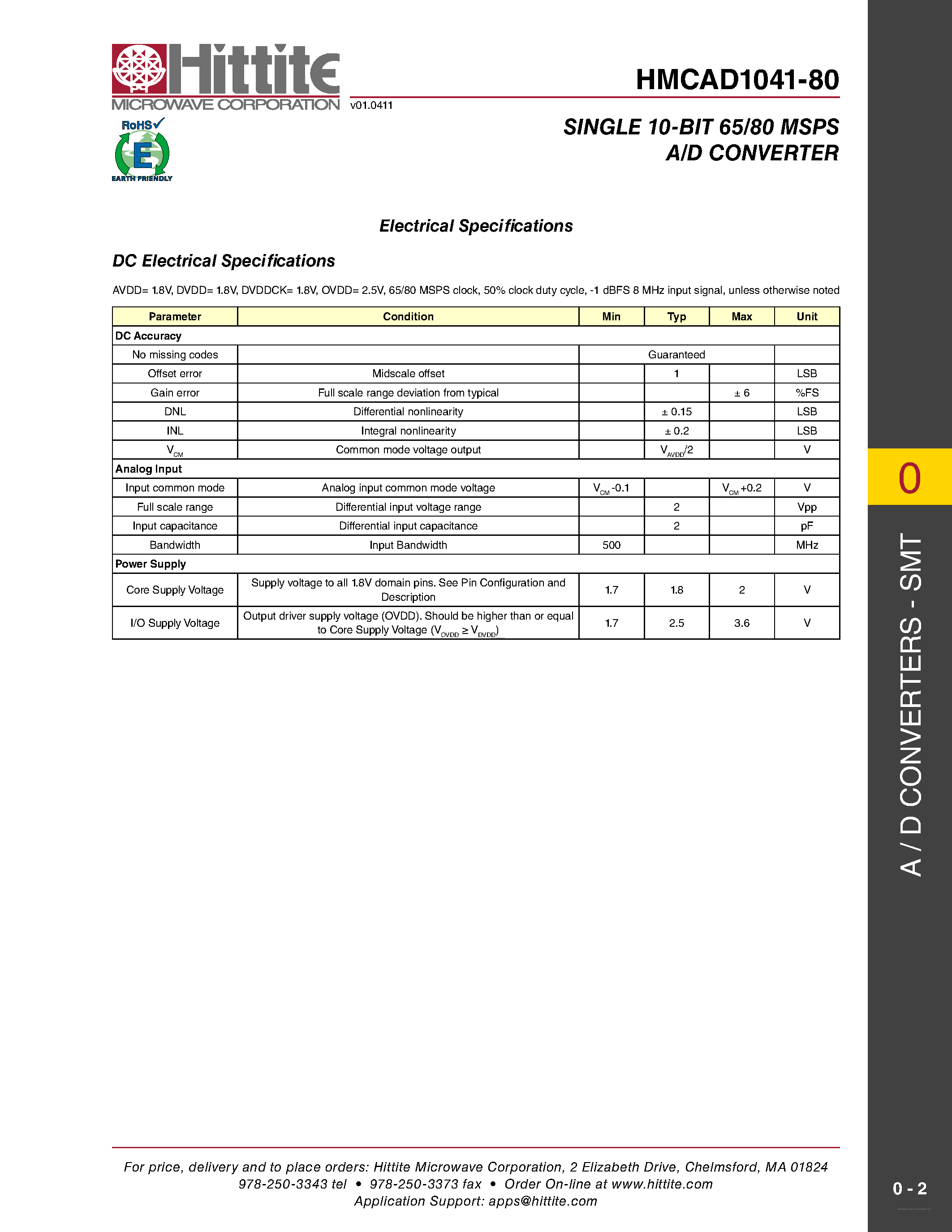 Даташит на микросхему HMCAD1041-80 страница 2 Даташит HMCAD1041-80 - Single 10-Bit 65/80 MSPS A/D Converter страница 2