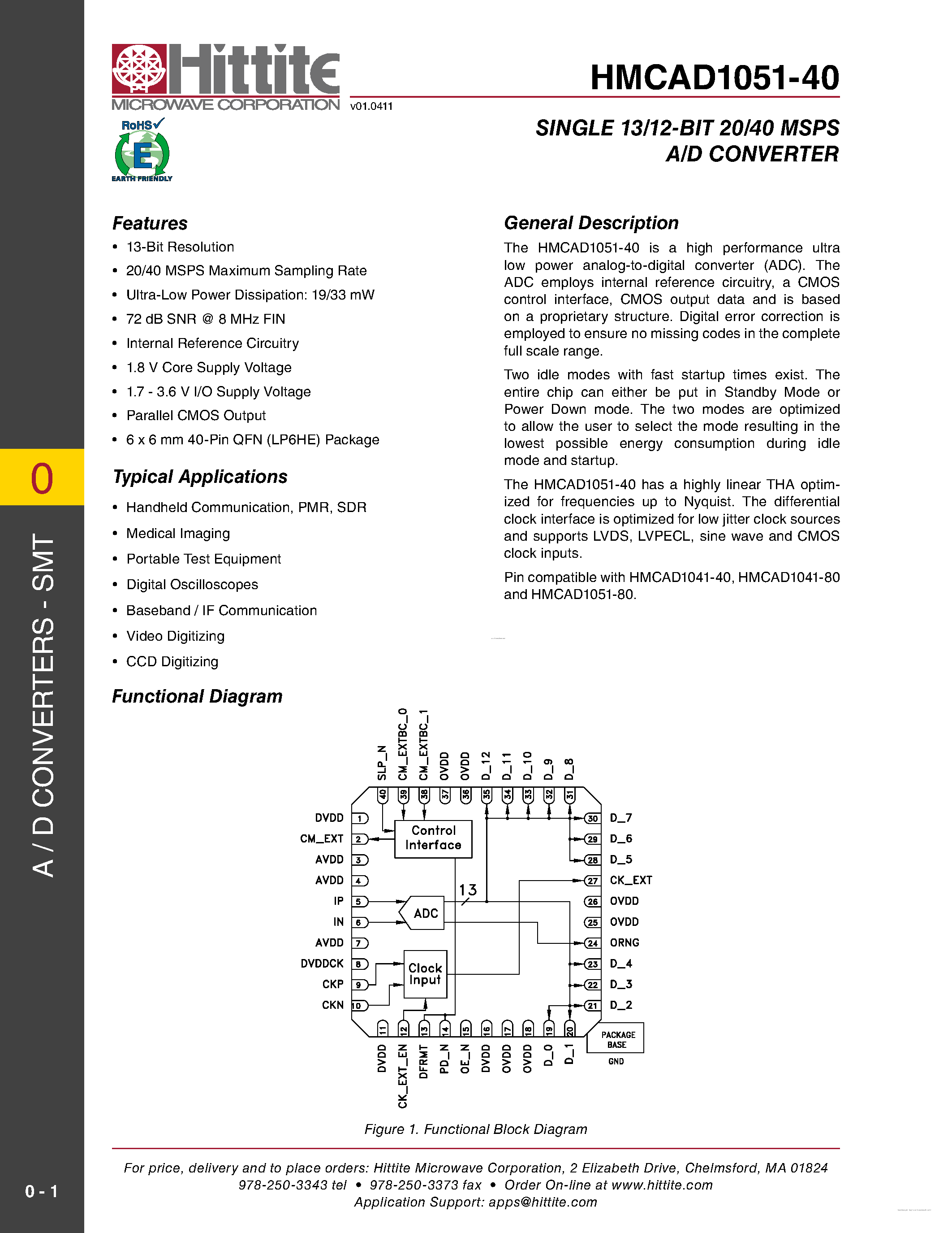 Даташит HMCAD1051-40 - Single 13/12-Bit 20/40 MSPS A/D Converter страница 1