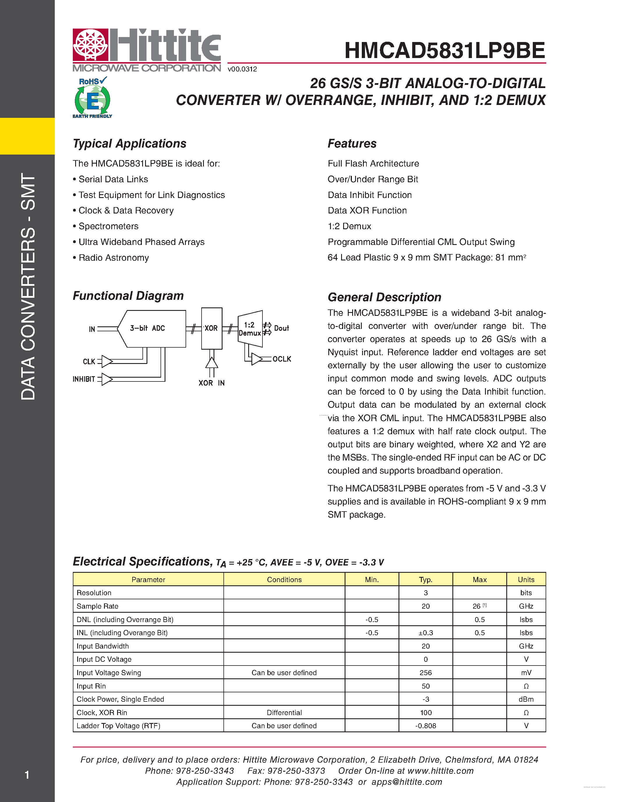 Datasheet HMCAD5831LP9BE page 1 Datasheet HMCAD5831LP9BE - 26 GS/S 3-BIT ANALOG-TO-DIGITAL CONVERTER page 1