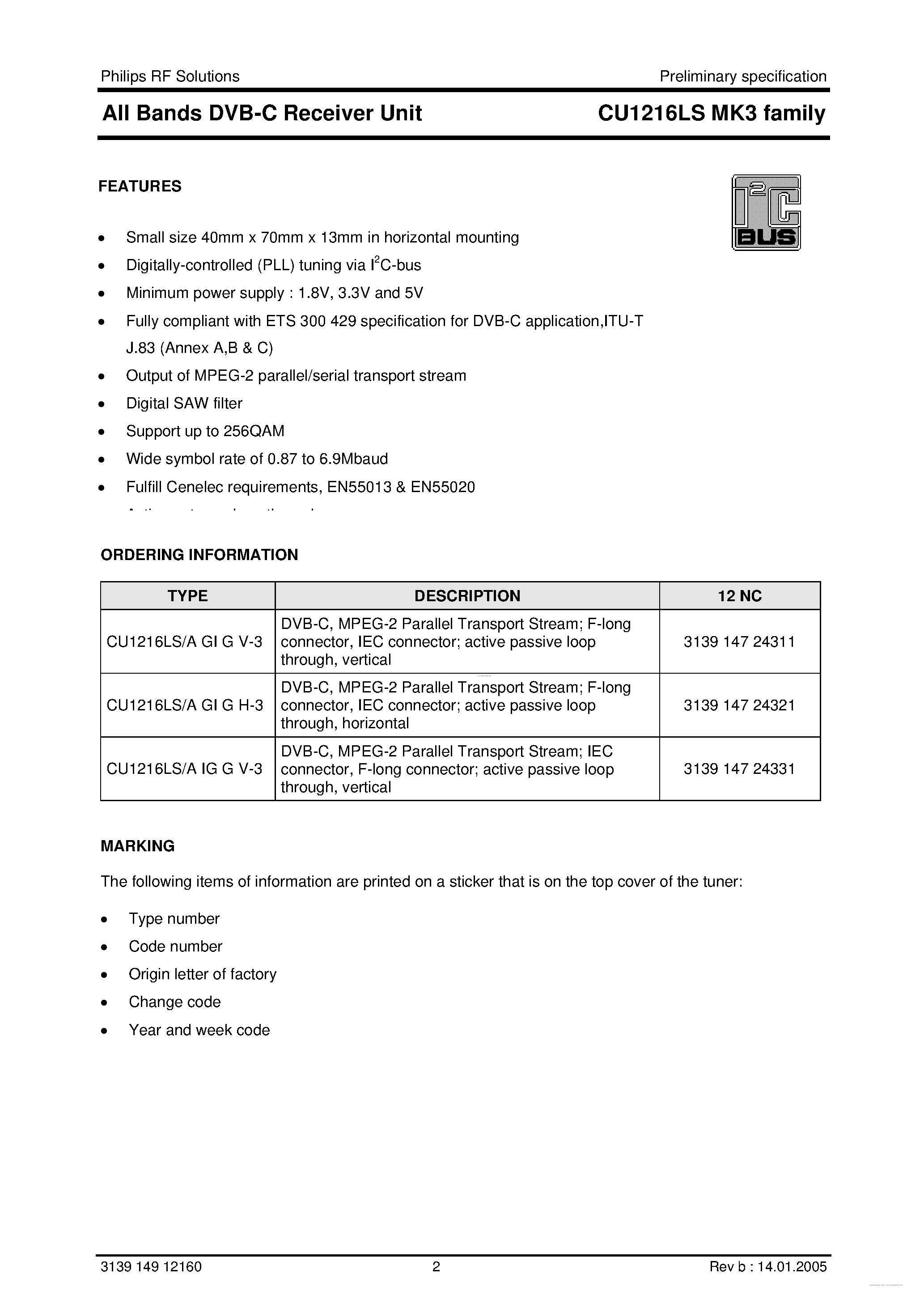 Даташит на микросхему CU1216LS страница 2 Даташит CU1216LS - All Bands DVB-C Receiver Unit страница 2