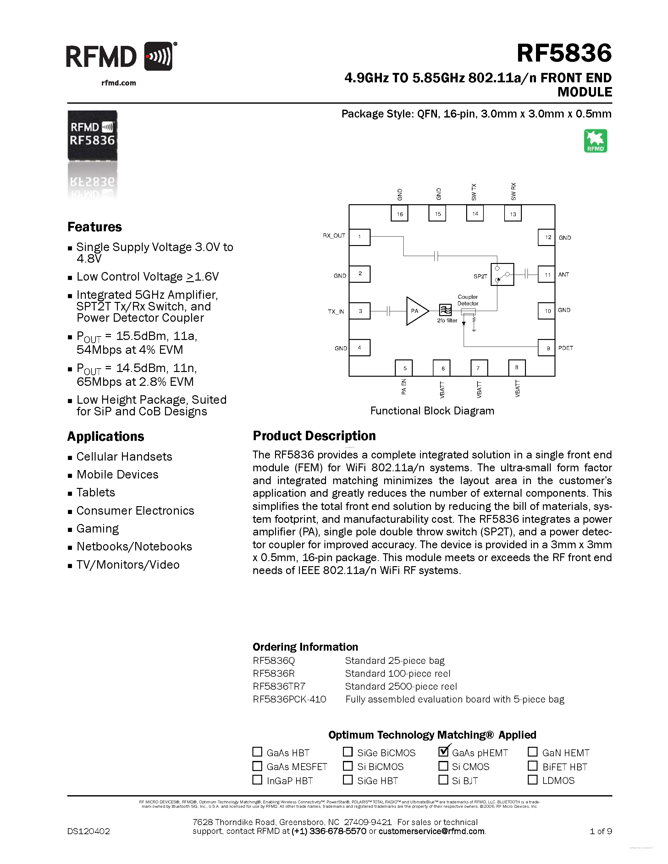 Datasheet RF5836 - 4.9GHz TO 5.85GHz 802.11a/n FRONT END MODULE page 1