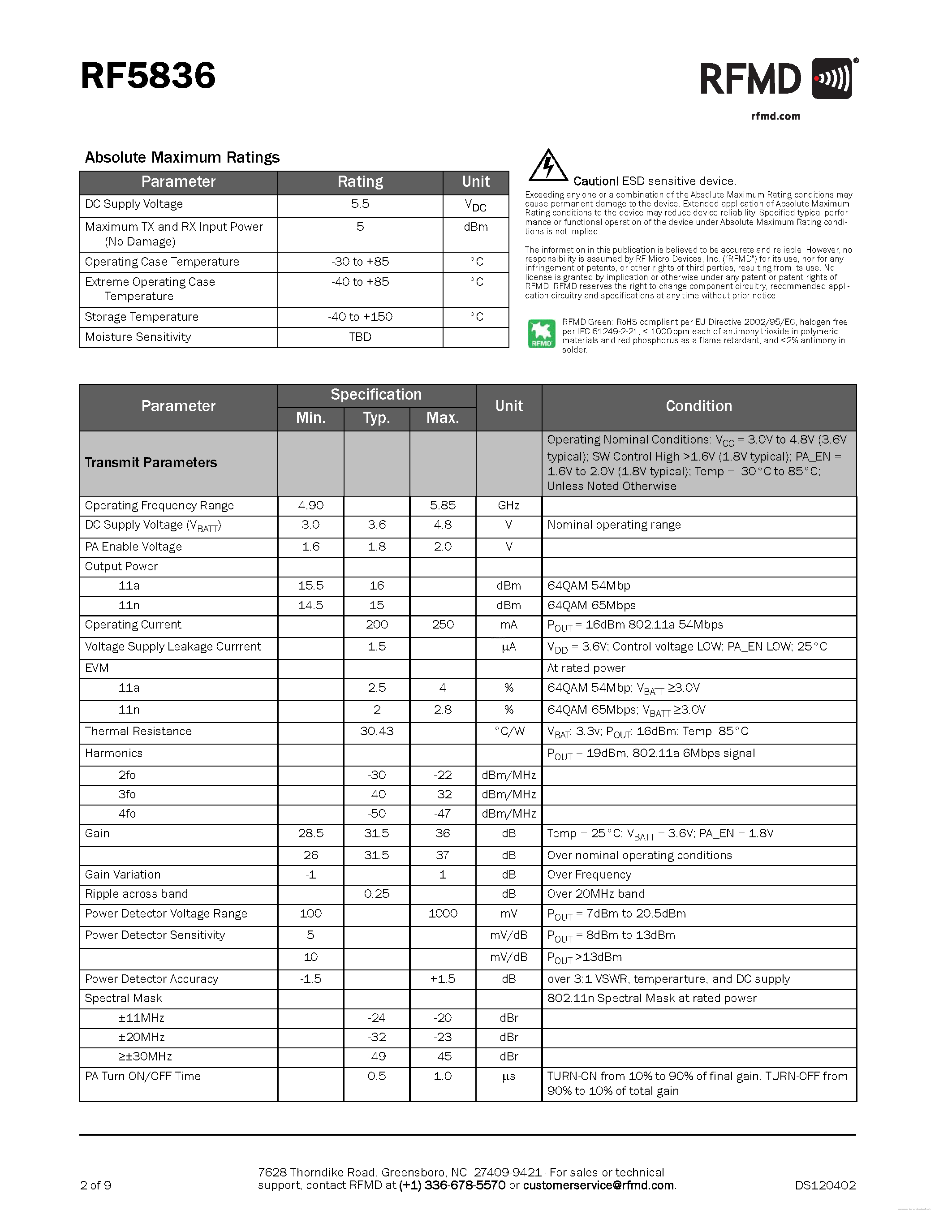 Datasheet RF5836 - 4.9GHz TO 5.85GHz 802.11a/n FRONT END MODULE page 2