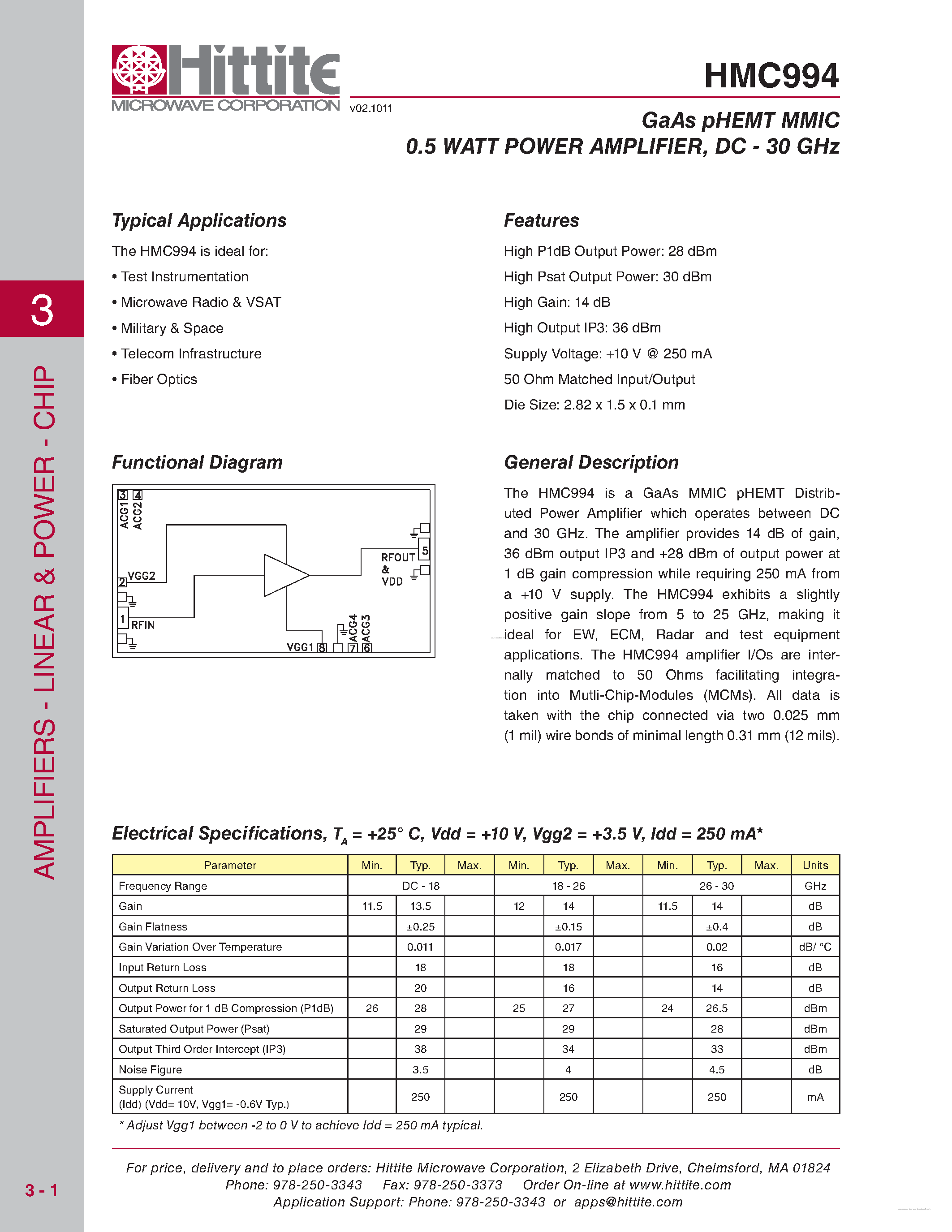 Datasheet HMC994 - GaAs pHEMT MMIC 0.5 WATT POWER AMPLIFIER page 1