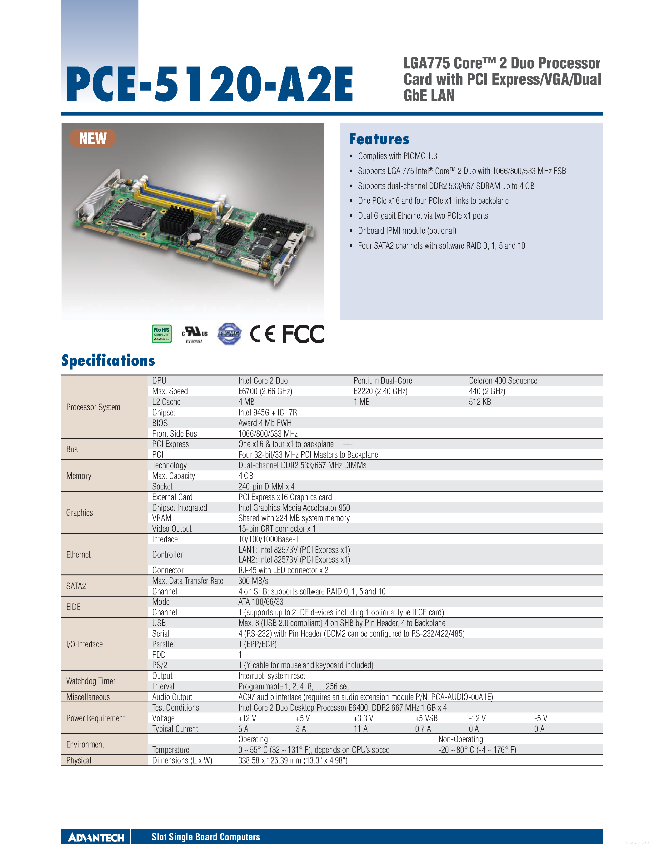 Datasheet PCE-5120-A2E - LGA775 Core 2 Duo Processor Card page 1