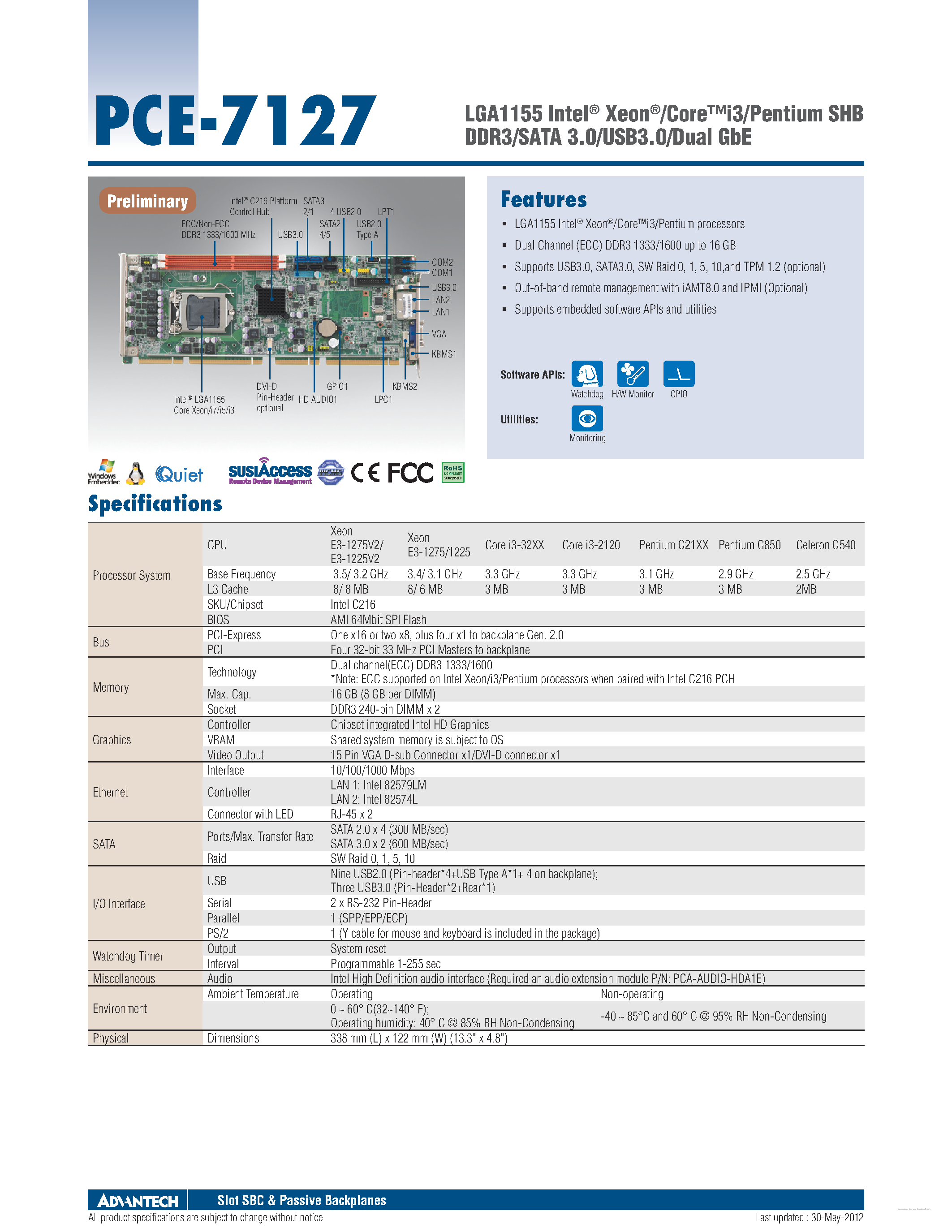 Datasheet PCE-7127 - LGA1155 Intel Xeon/Core i3/Pentium SHB DDR3/SATA 3.0/USB3.0/Dual GbE page 1