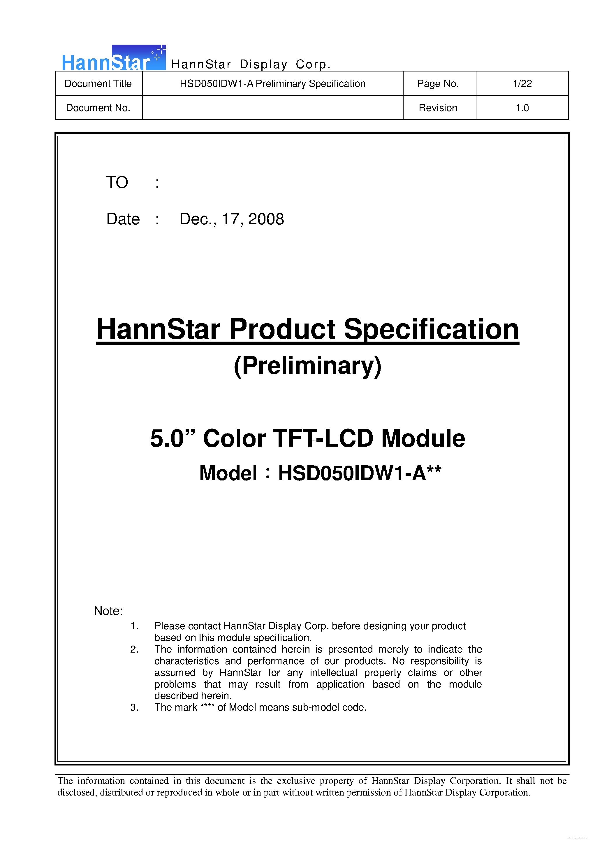 Datasheet HSD050IDW1-A - Color TFT-LCD Module page 1