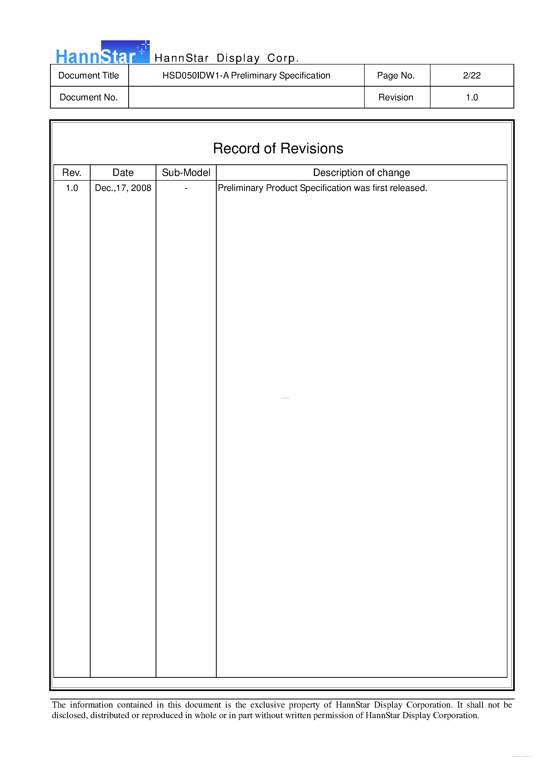 Datasheet HSD050IDW1-A - Color TFT-LCD Module page 2