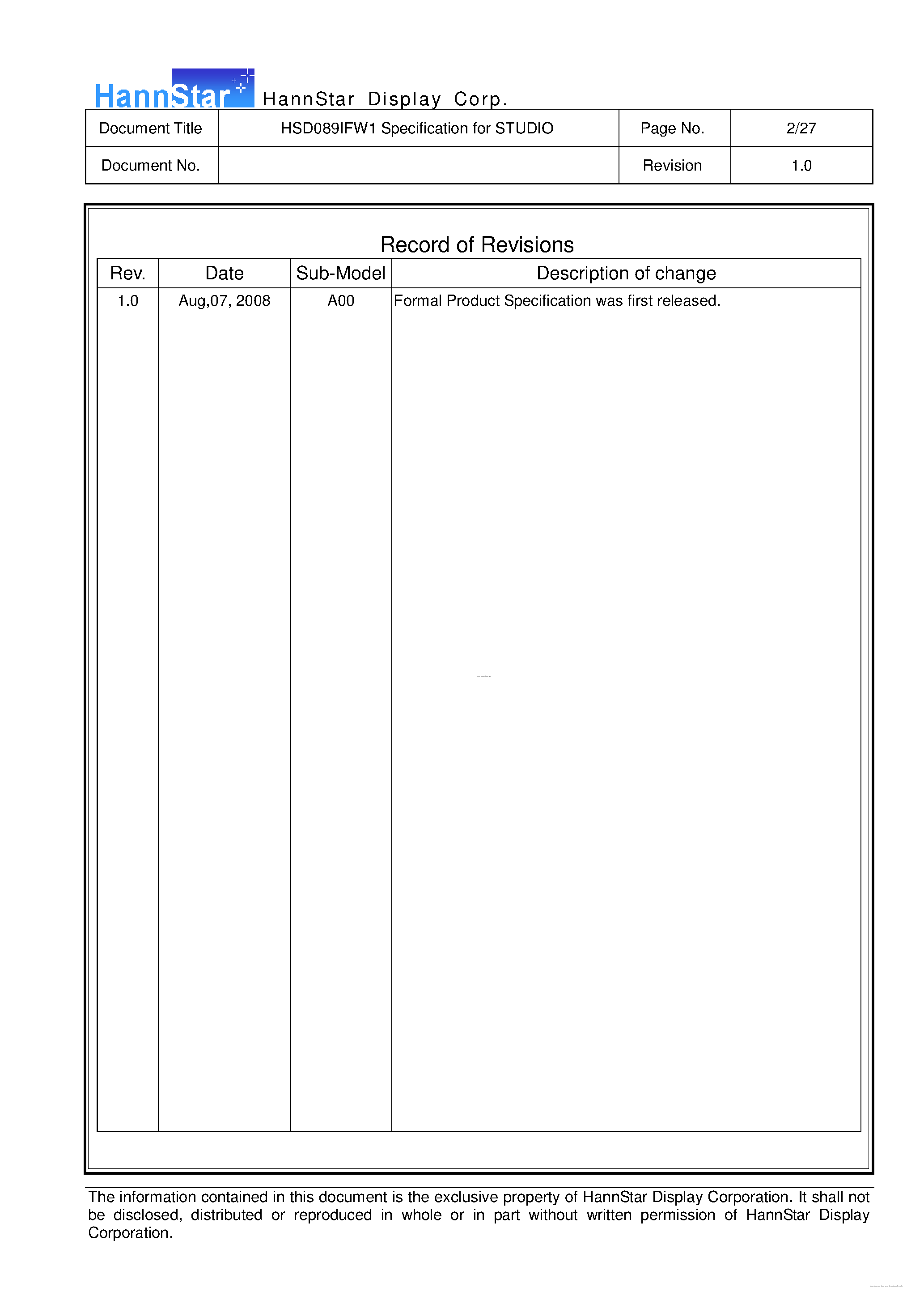 Даташит HSD089IFW1-A00 - Color TFT-LCD Module страница 2