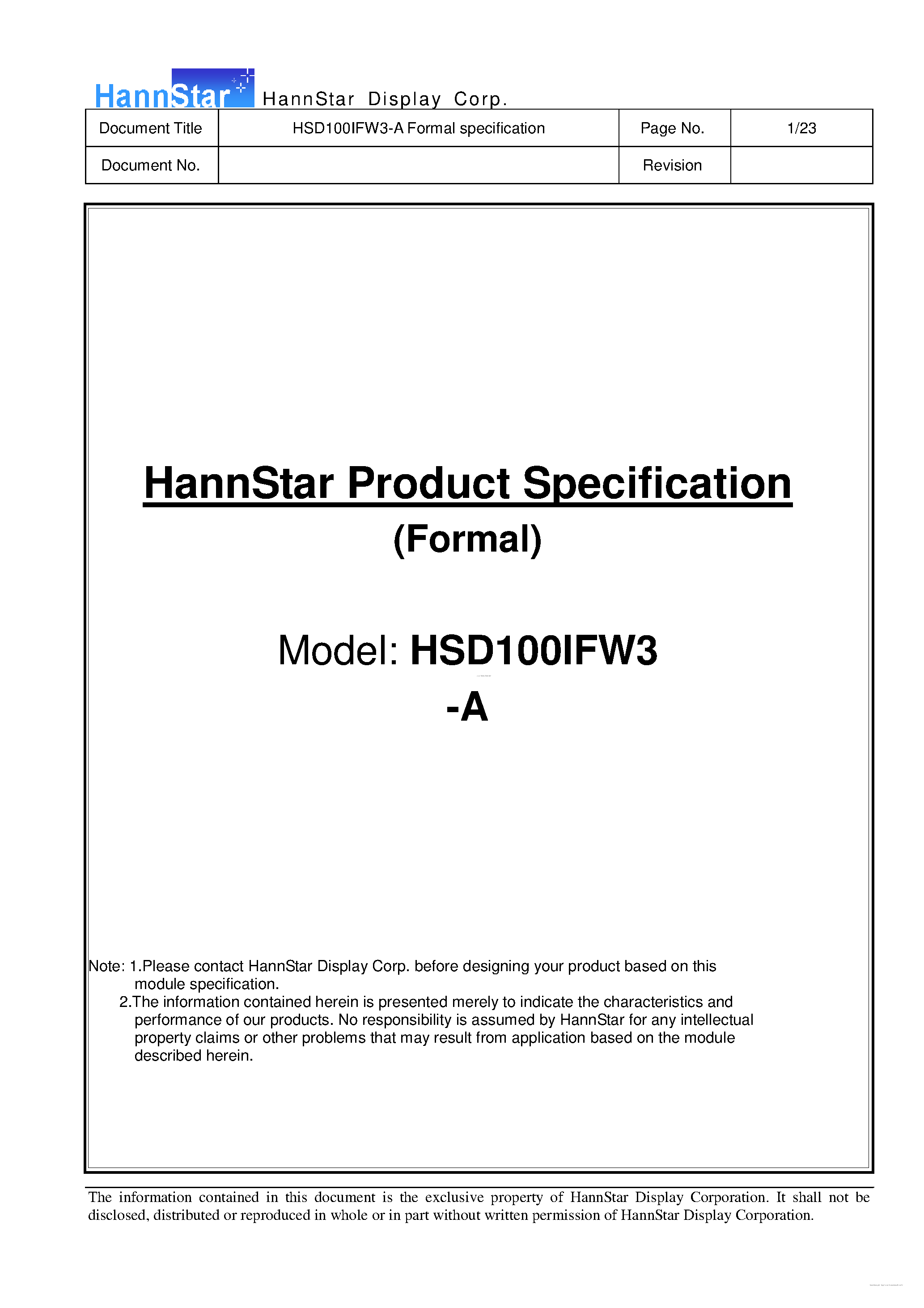 Datasheet HSD100IFW3-A - Color TFT-LCD Module page 1