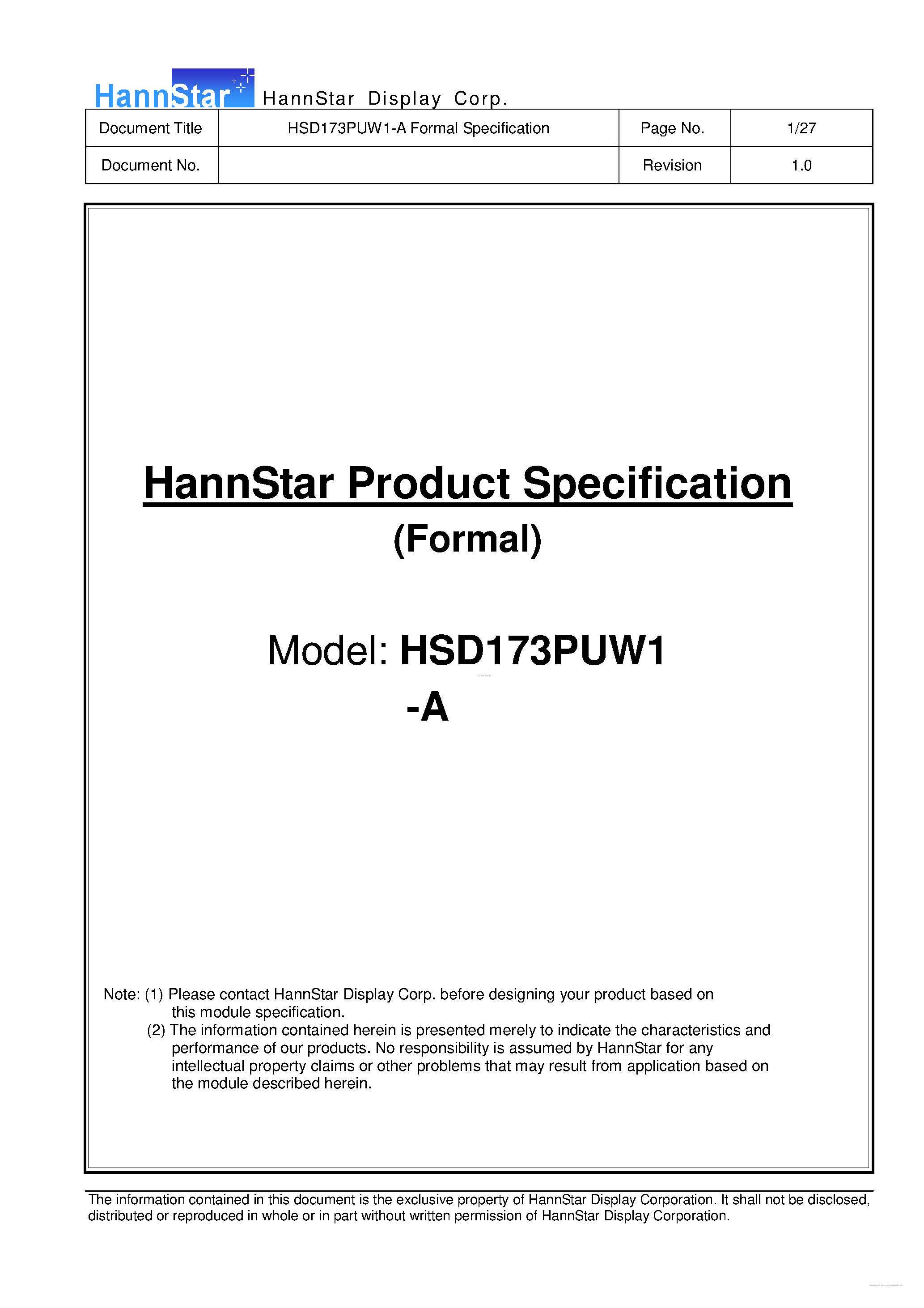 Datasheet HSD173PUW1-A page 1 Datasheet HSD173PUW1-A - Color TFT-LCD Module page 1