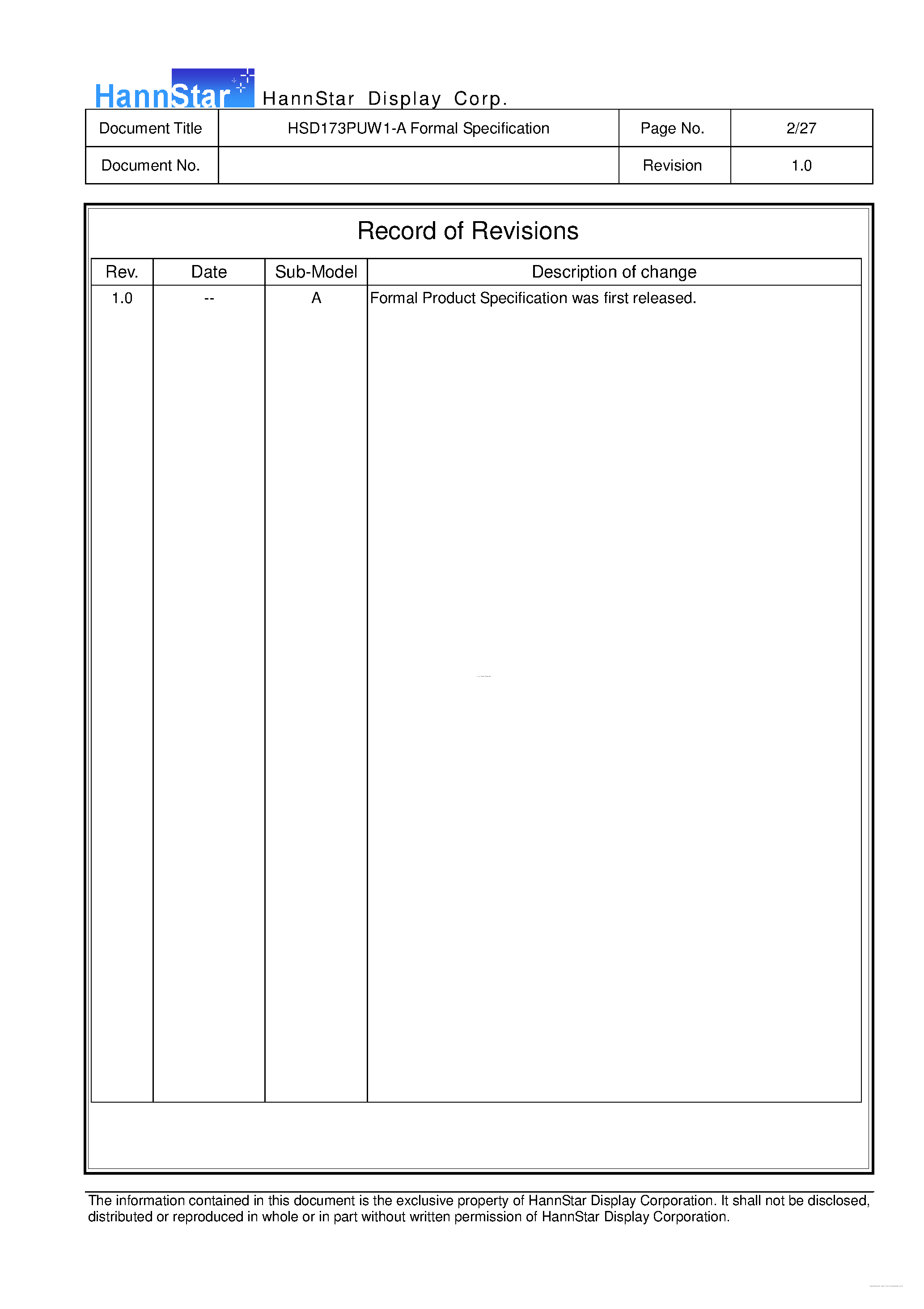 Datasheet HSD173PUW1-A page 2 Datasheet HSD173PUW1-A - Color TFT-LCD Module page 2