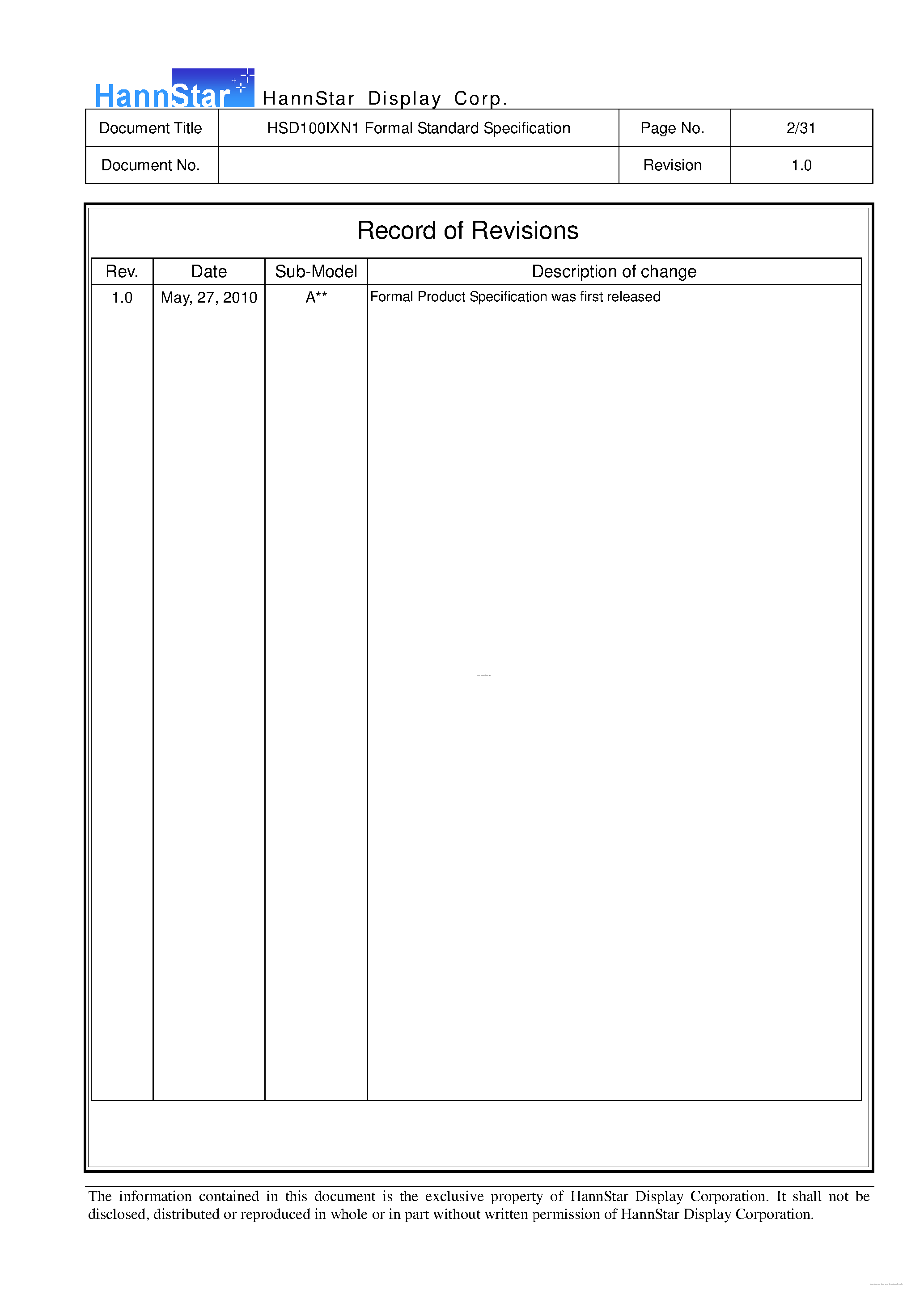 Datasheet HSD100IXN1-A - Color TFT-LCD Module page 2