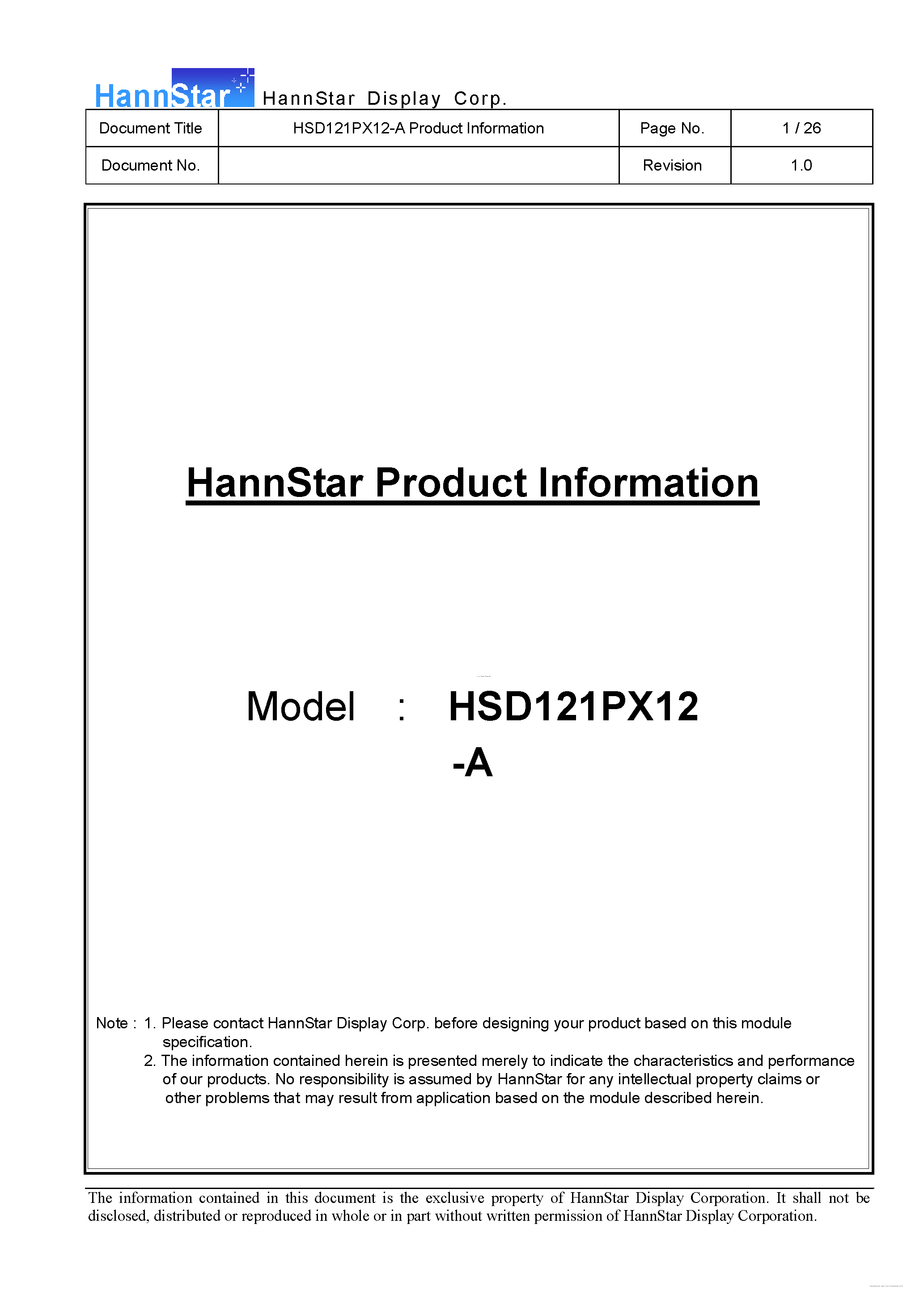 Datasheet HSD121PX12-A - Color TFT-LCD Module page 1