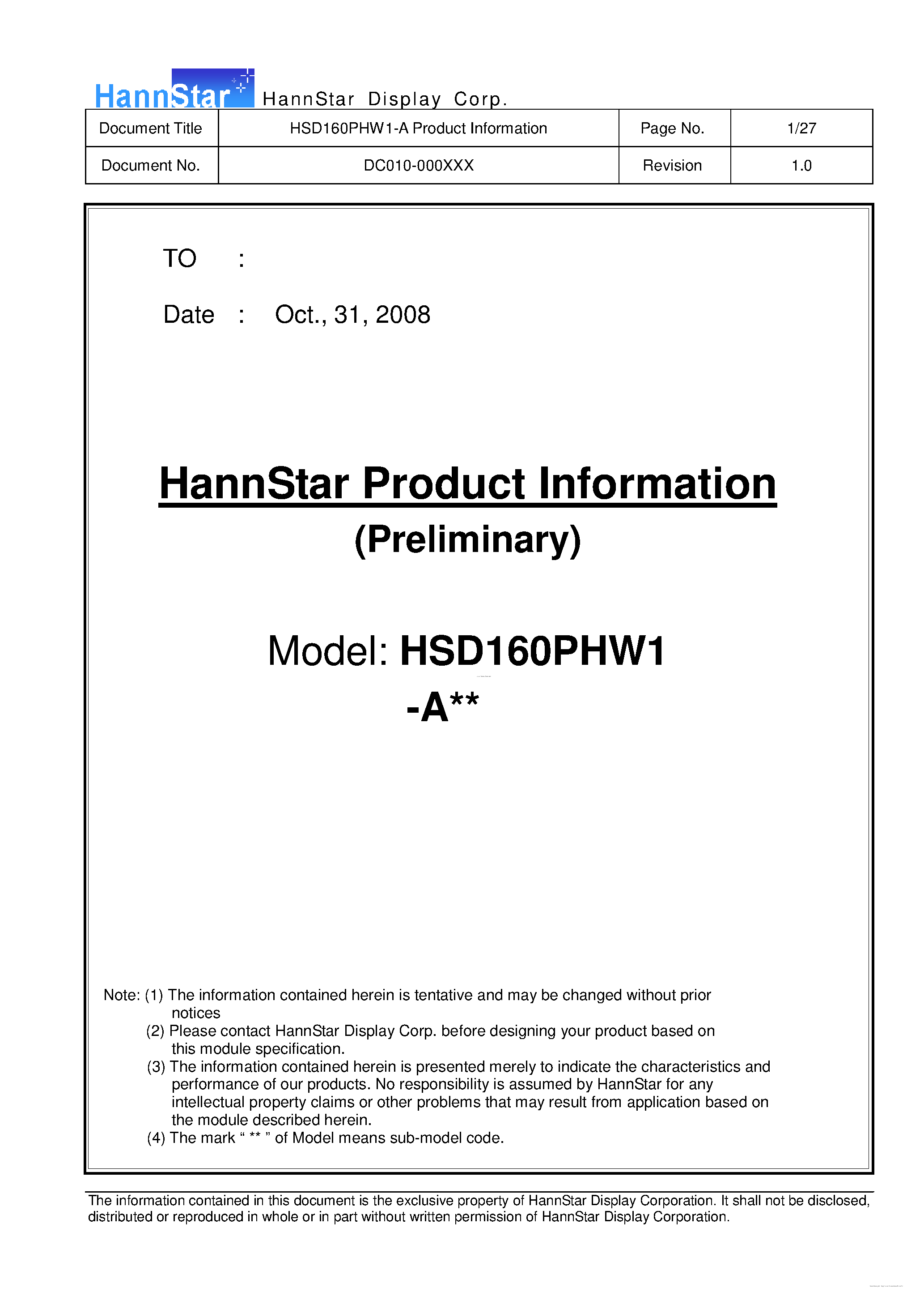 Datasheet HSD160PHW1-A page 1 Datasheet HSD160PHW1-A - Color TFT-LCD Module page 1