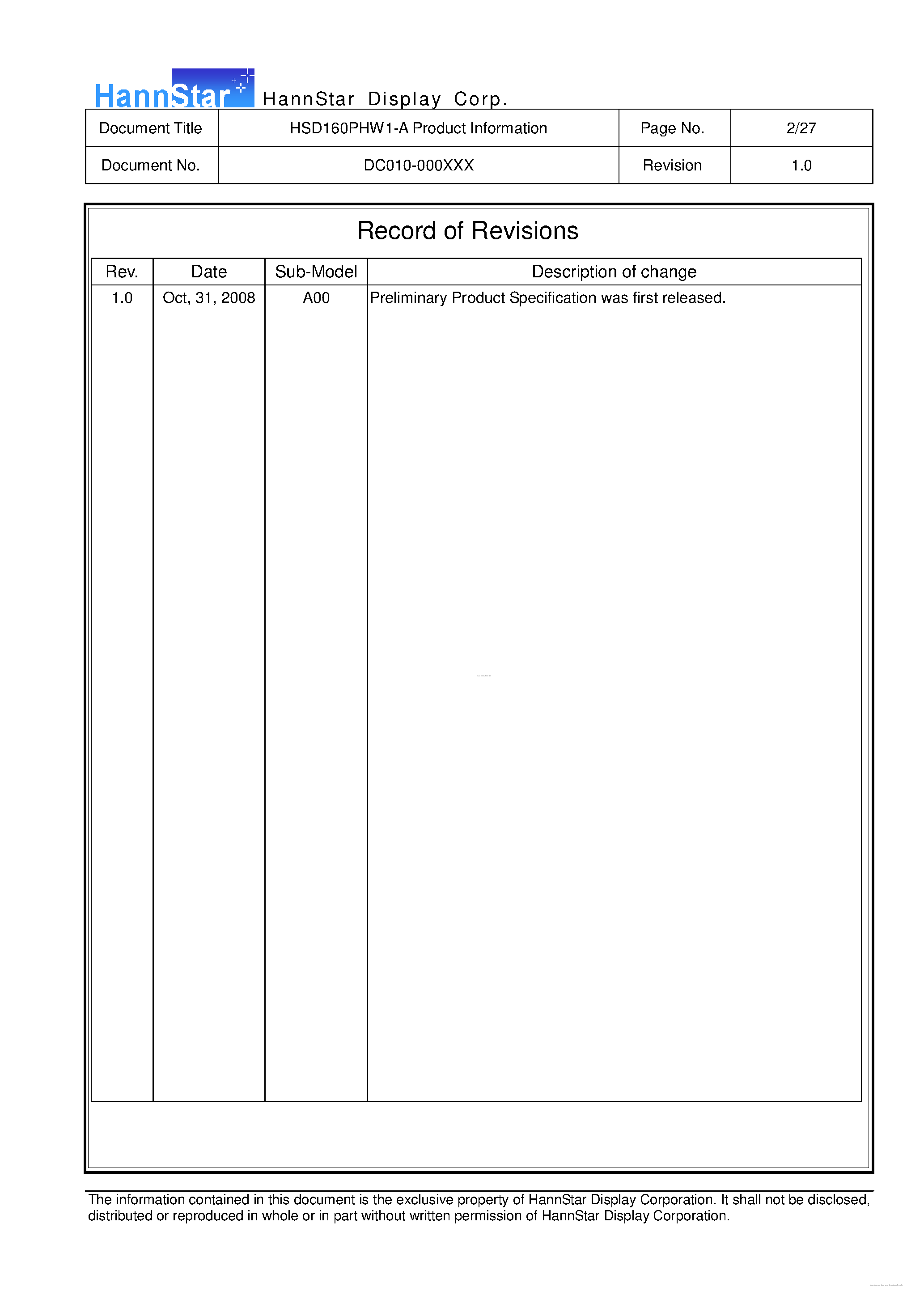 Datasheet HSD160PHW1-A page 2 Datasheet HSD160PHW1-A - Color TFT-LCD Module page 2