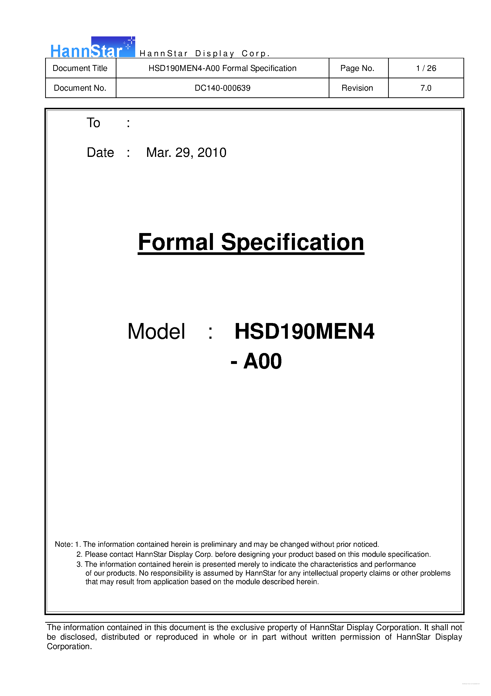Даташит HSD190MEN4-A00 - Color TFT-LCD Module страница 1