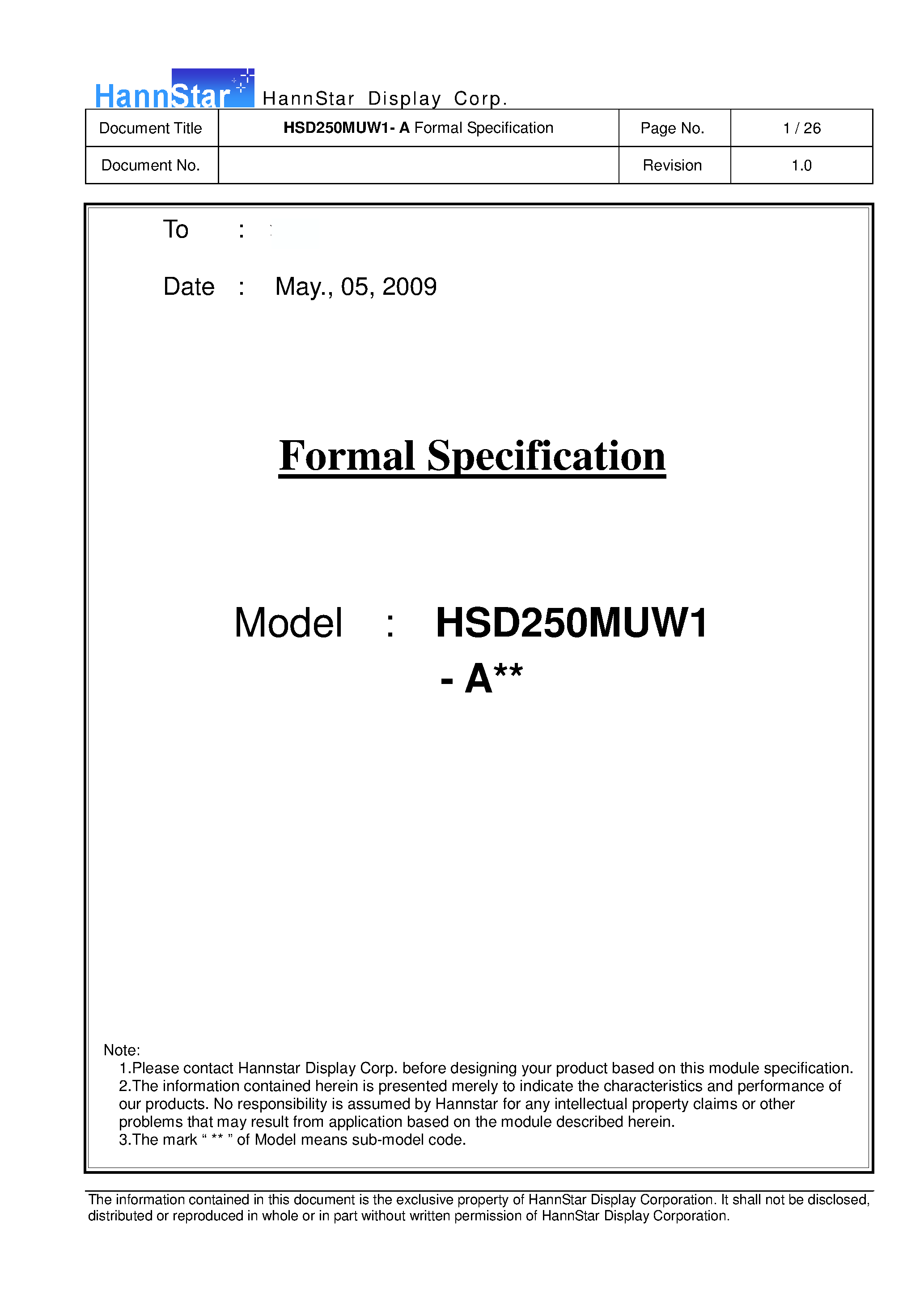 Datasheet HSD250MUW1-A - Color TFT-LCD Module page 1