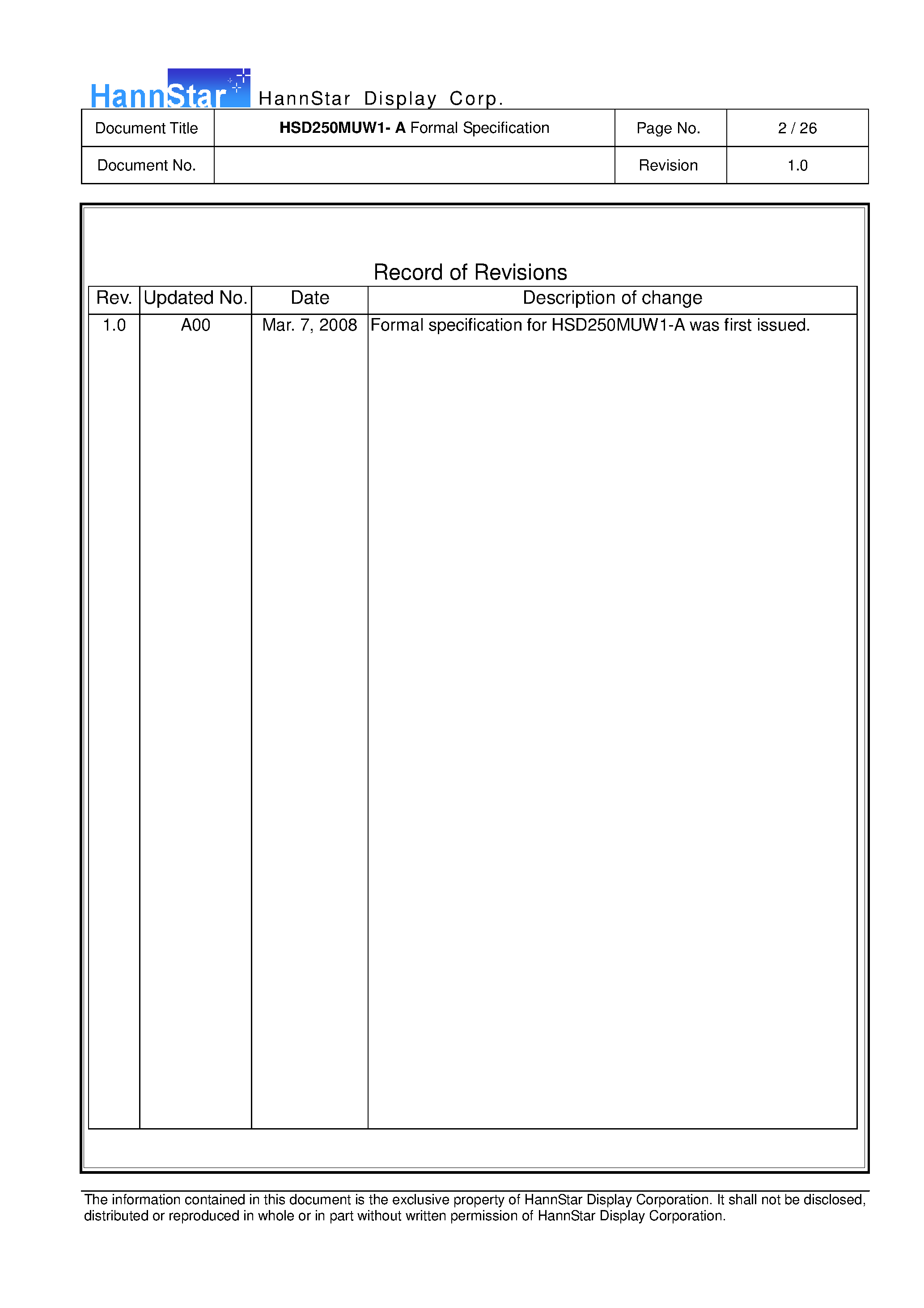 Datasheet HSD250MUW1-A - Color TFT-LCD Module page 2