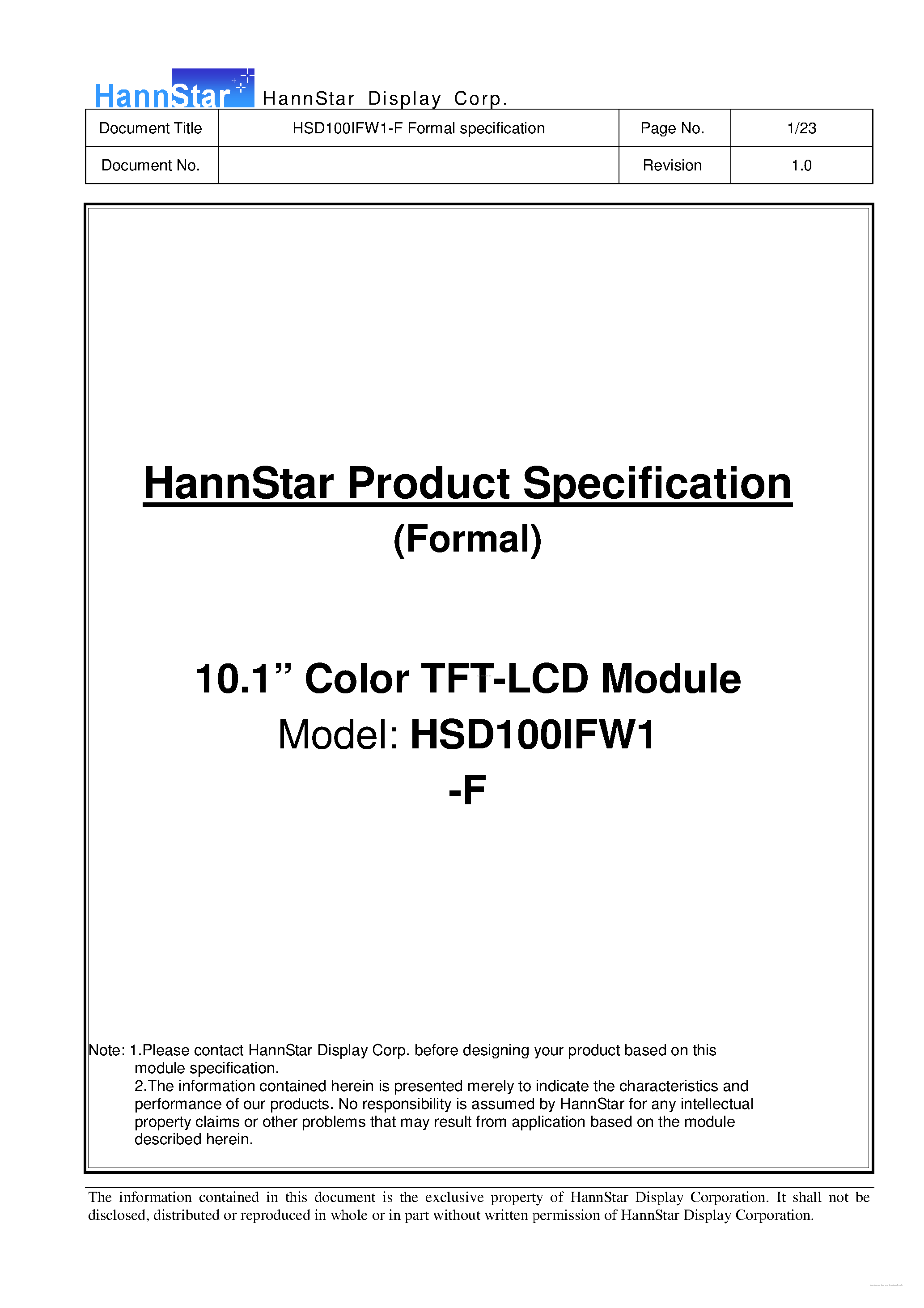 Даташит на микросхему HSD100IFW1-F страница 1 Даташит HSD100IFW1-F - Color TFT-LCD Module страница 1