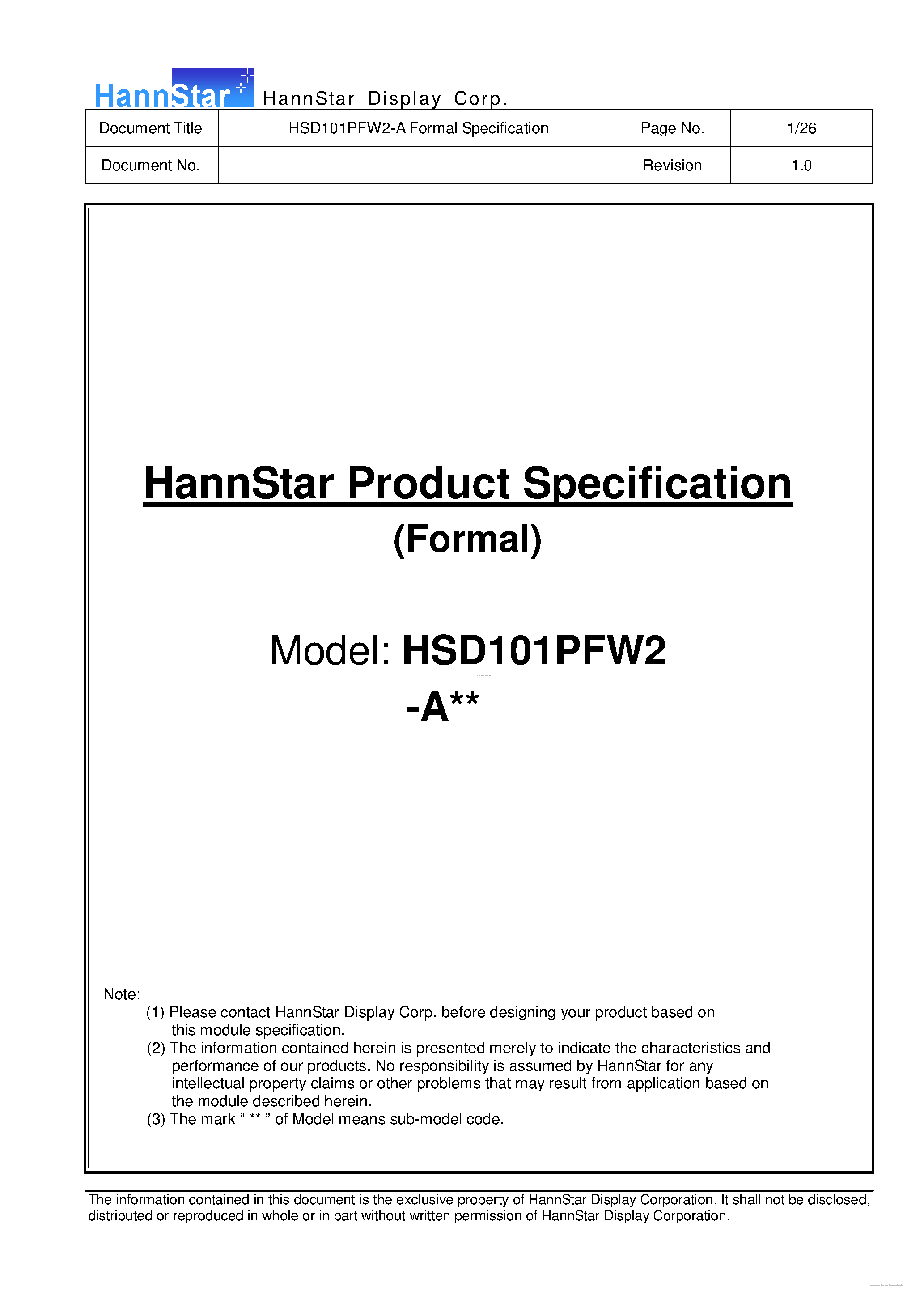 Datasheet HSD101PFW2-A - Color TFT-LCD Module page 1