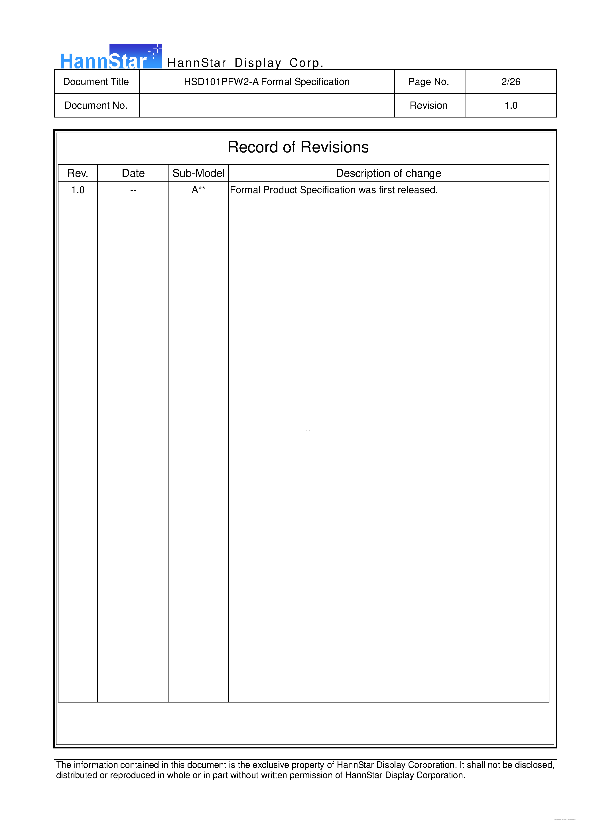 Datasheet HSD101PFW2-A - Color TFT-LCD Module page 2