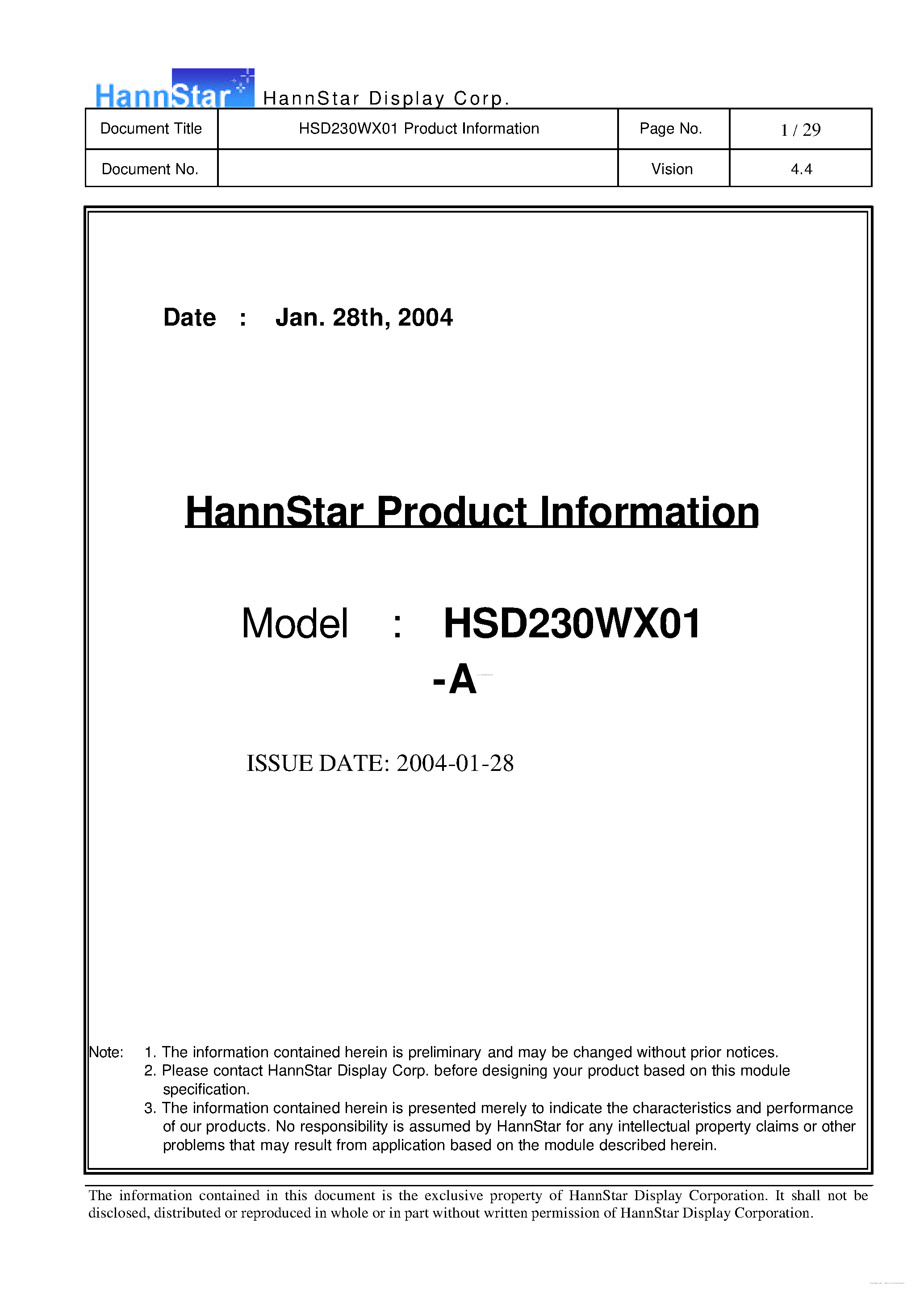 Datasheet HSD230WX01-A - Color TFT-LCD Module page 1