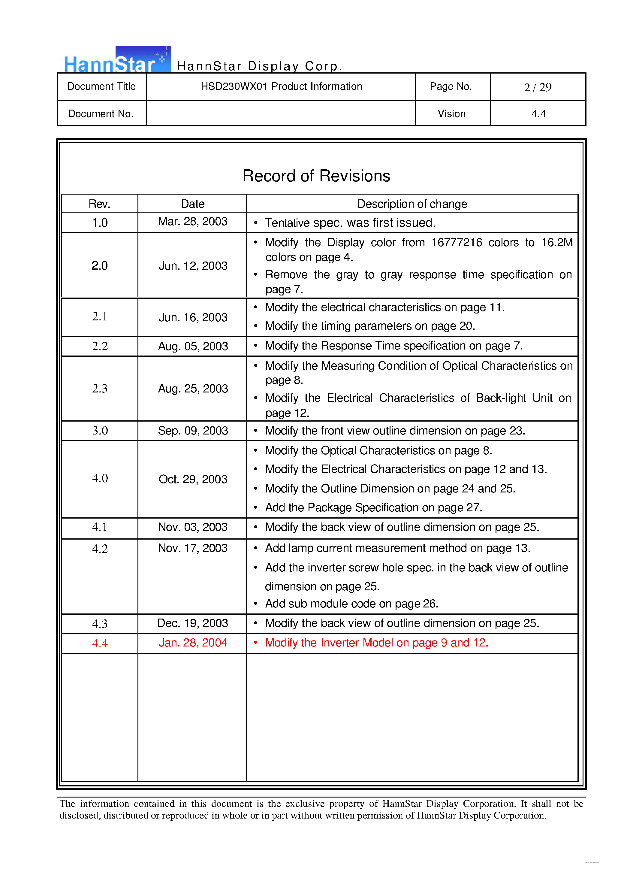 Datasheet HSD230WX01-A - Color TFT-LCD Module page 2