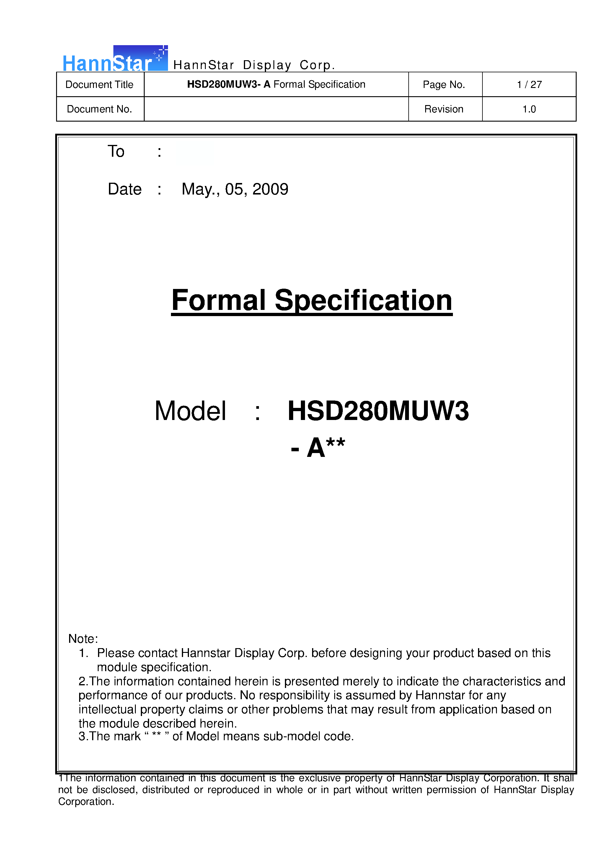 Datasheet HSD280MUW3-A - Color TFT-LCD Module page 1