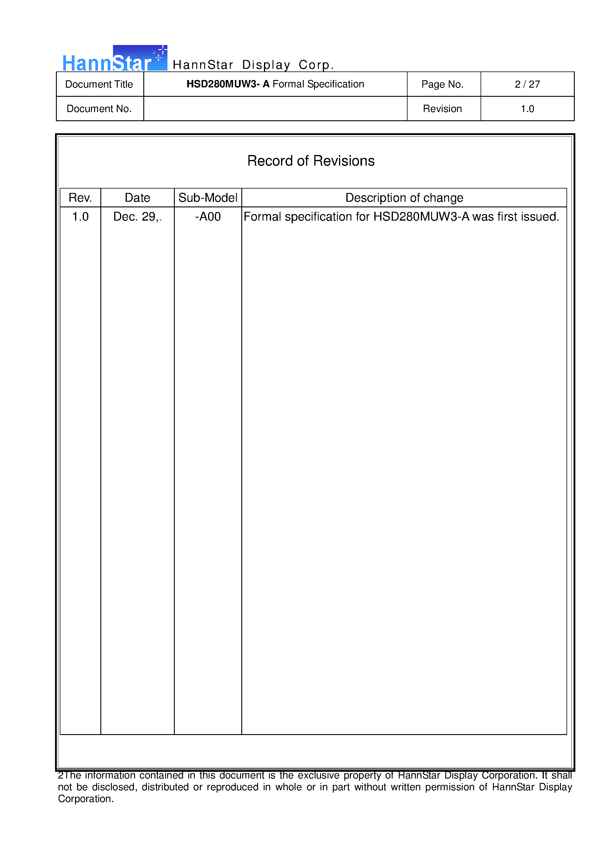 Datasheet HSD280MUW3-A - Color TFT-LCD Module page 2