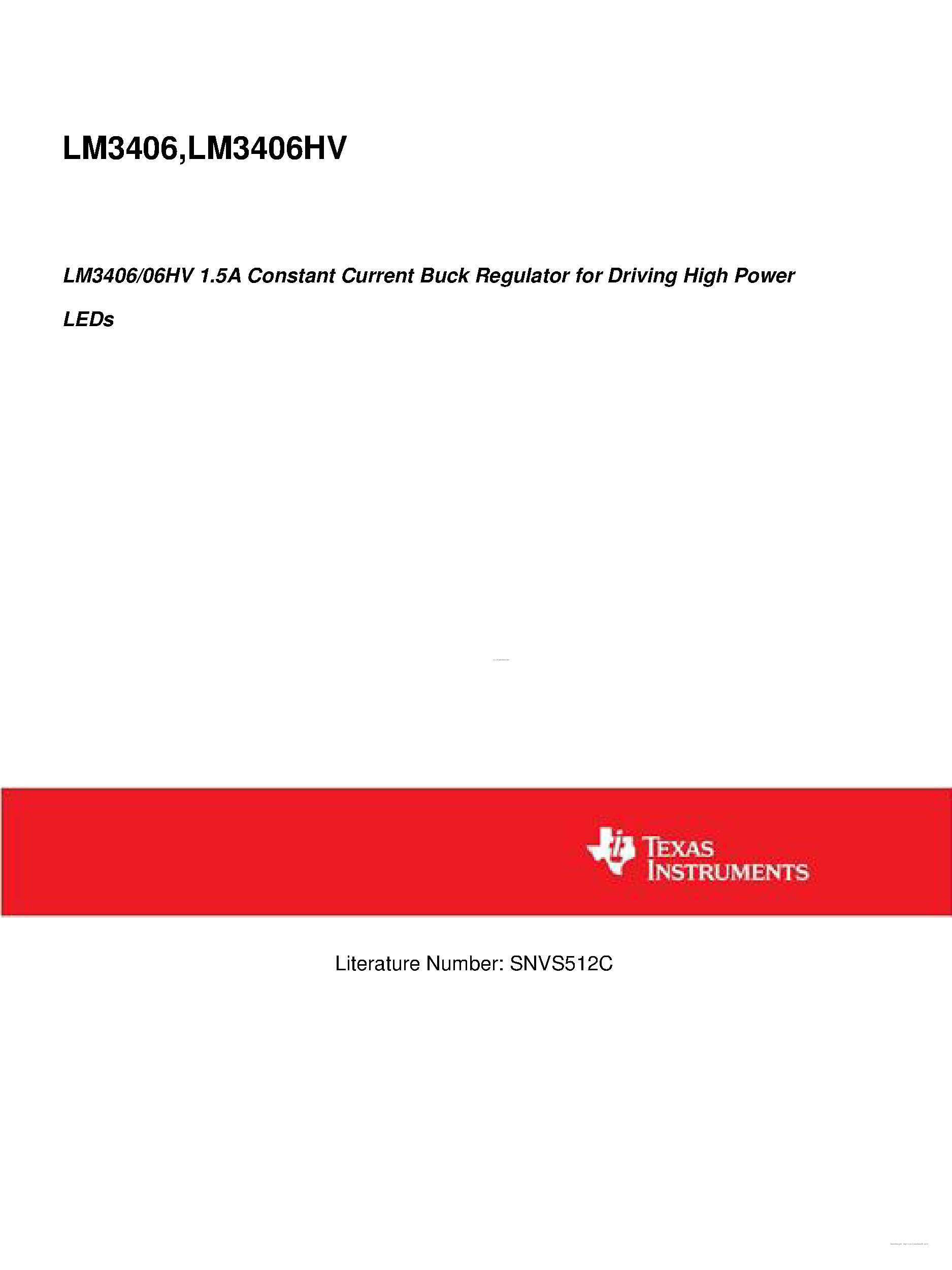 Datasheet LM3406 page 1 Datasheet LM3406 - 1.5A Constant Current Buck Regulator page 1
