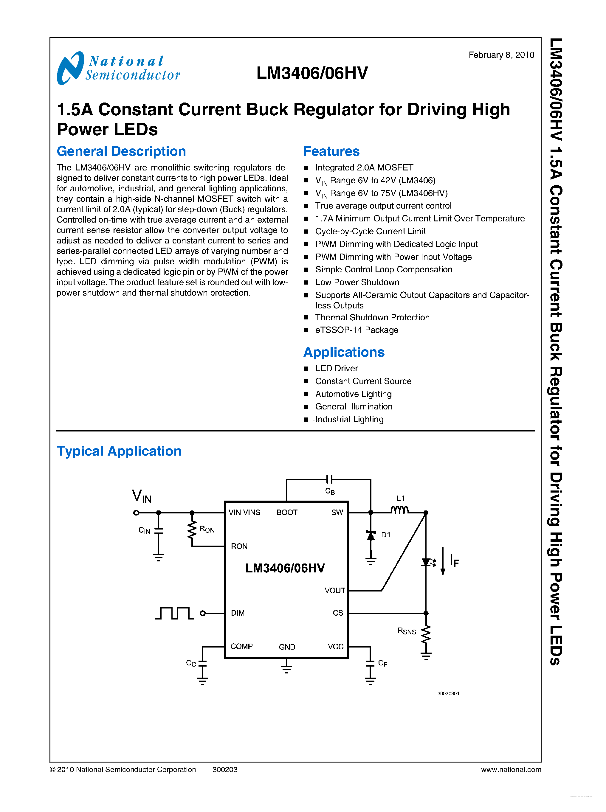 Datasheet LM3406 page 2 Datasheet LM3406 - 1.5A Constant Current Buck Regulator page 2