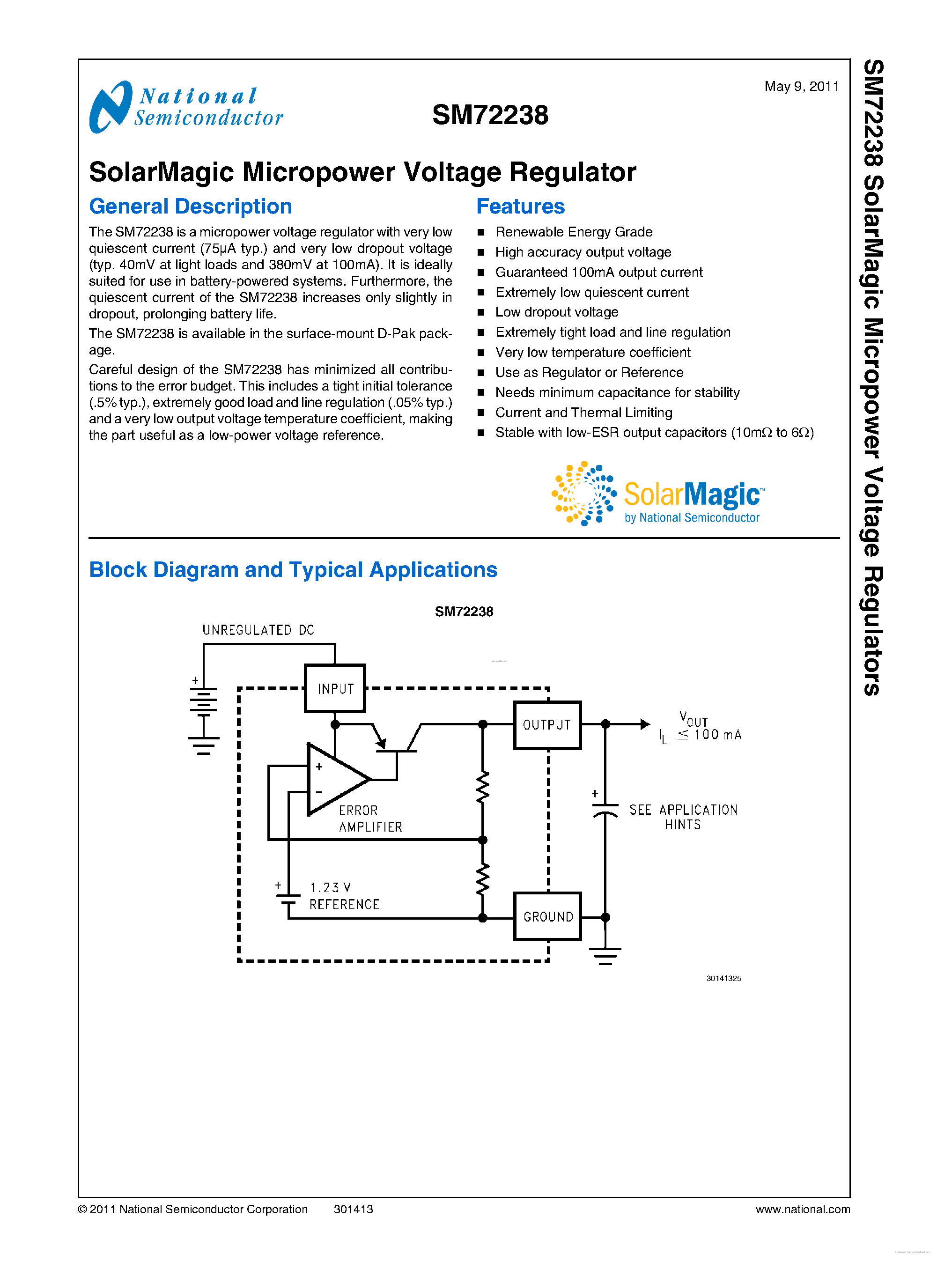 Datasheet SM72238 page 1 Datasheet SM72238 - SolarMagic Micropower Voltage Regulator page 1