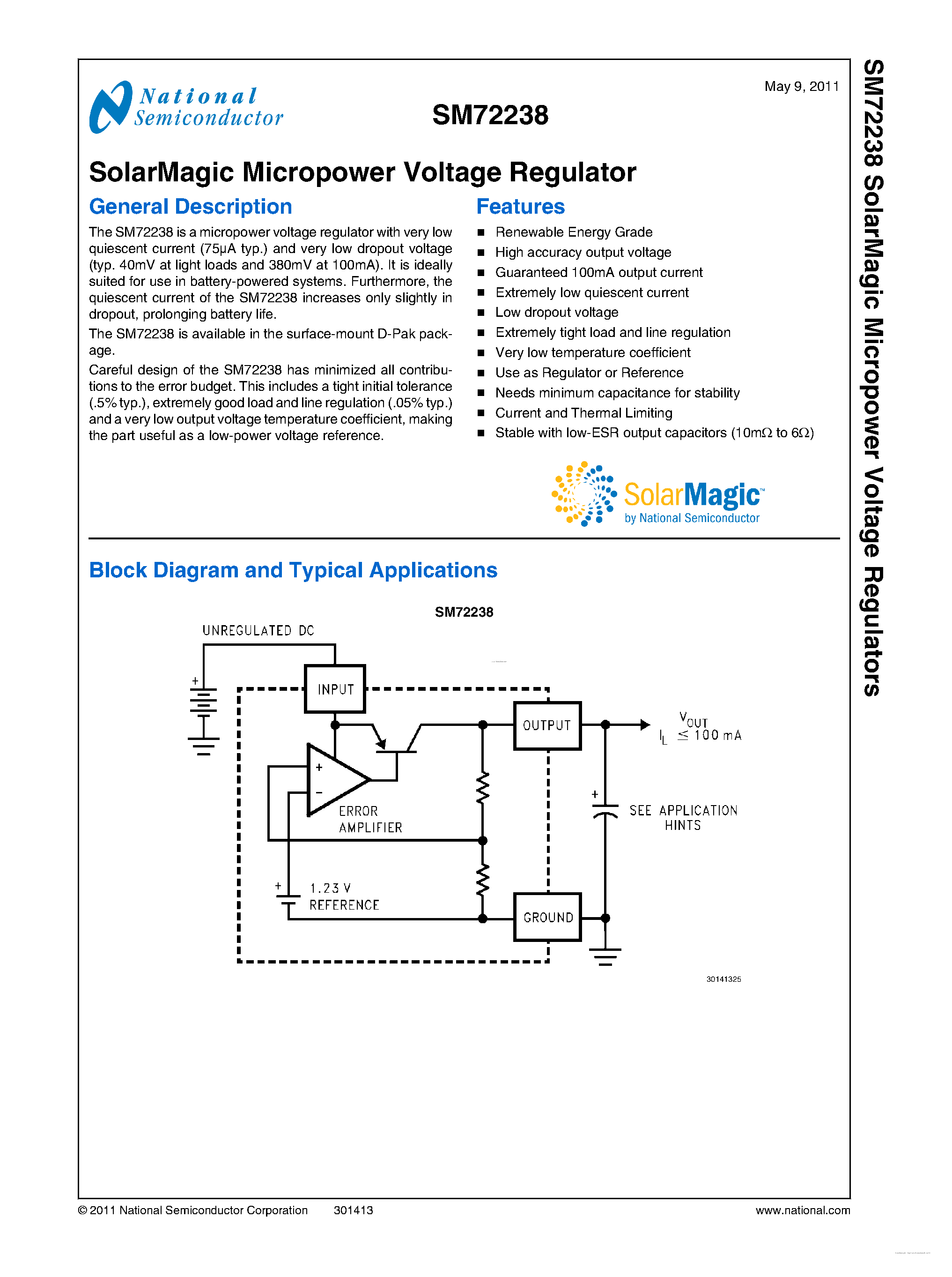 Даташит SM72238 - SolarMagic Micropower Voltage Regulator страница 1